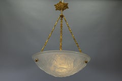 French Art Deco Brass and Frosted White Glass Poppy Pendant Light, 1930s