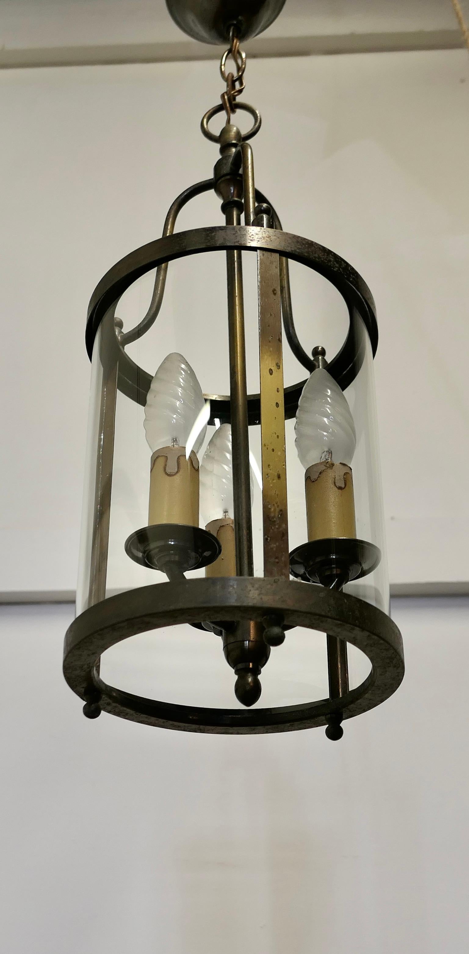 Mid-20th Century French Art Deco Brass and Glass Lantern Hall Light For Sale
