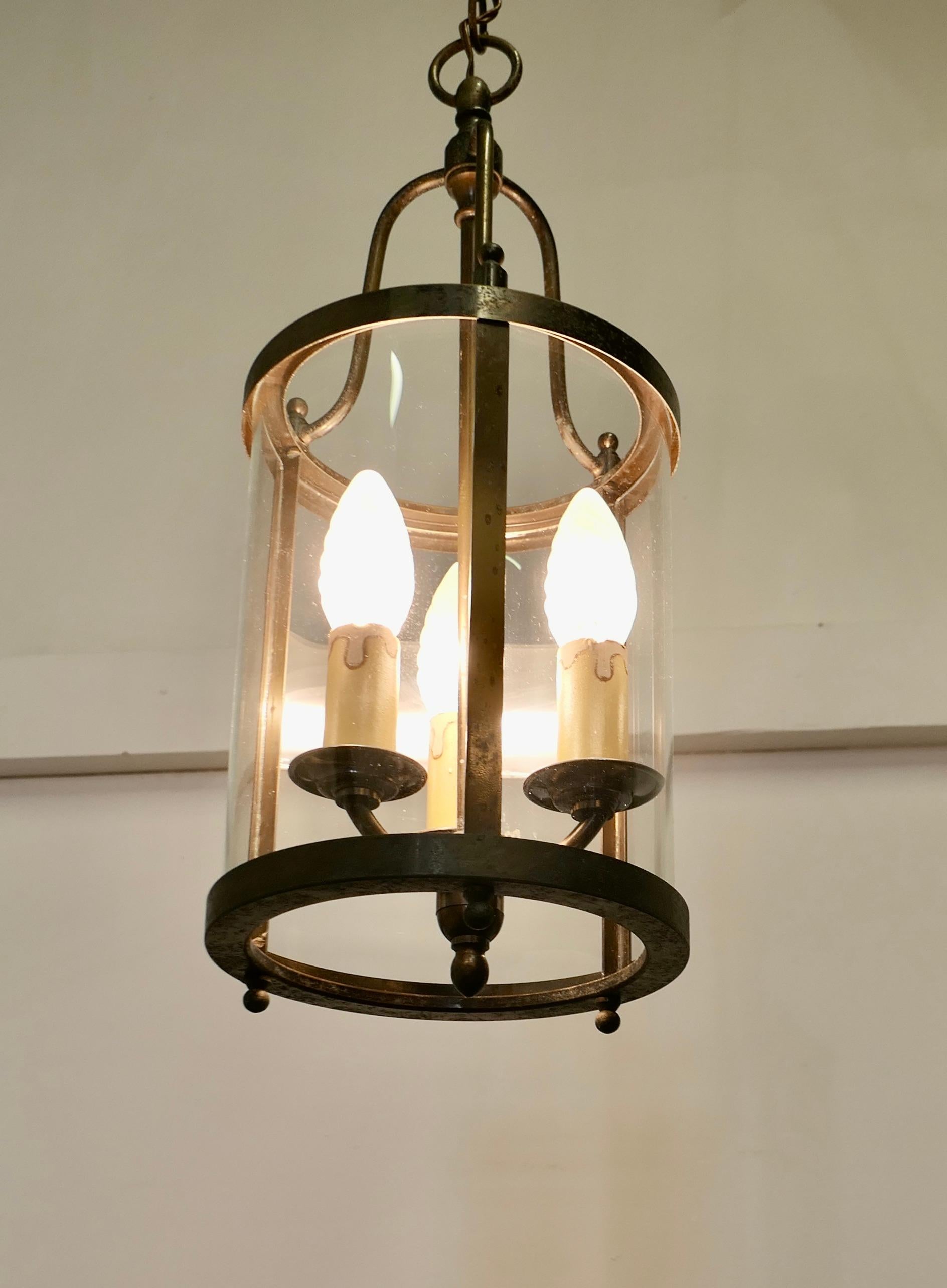 French Art Deco Brass and Glass Lantern Hall Light For Sale 2