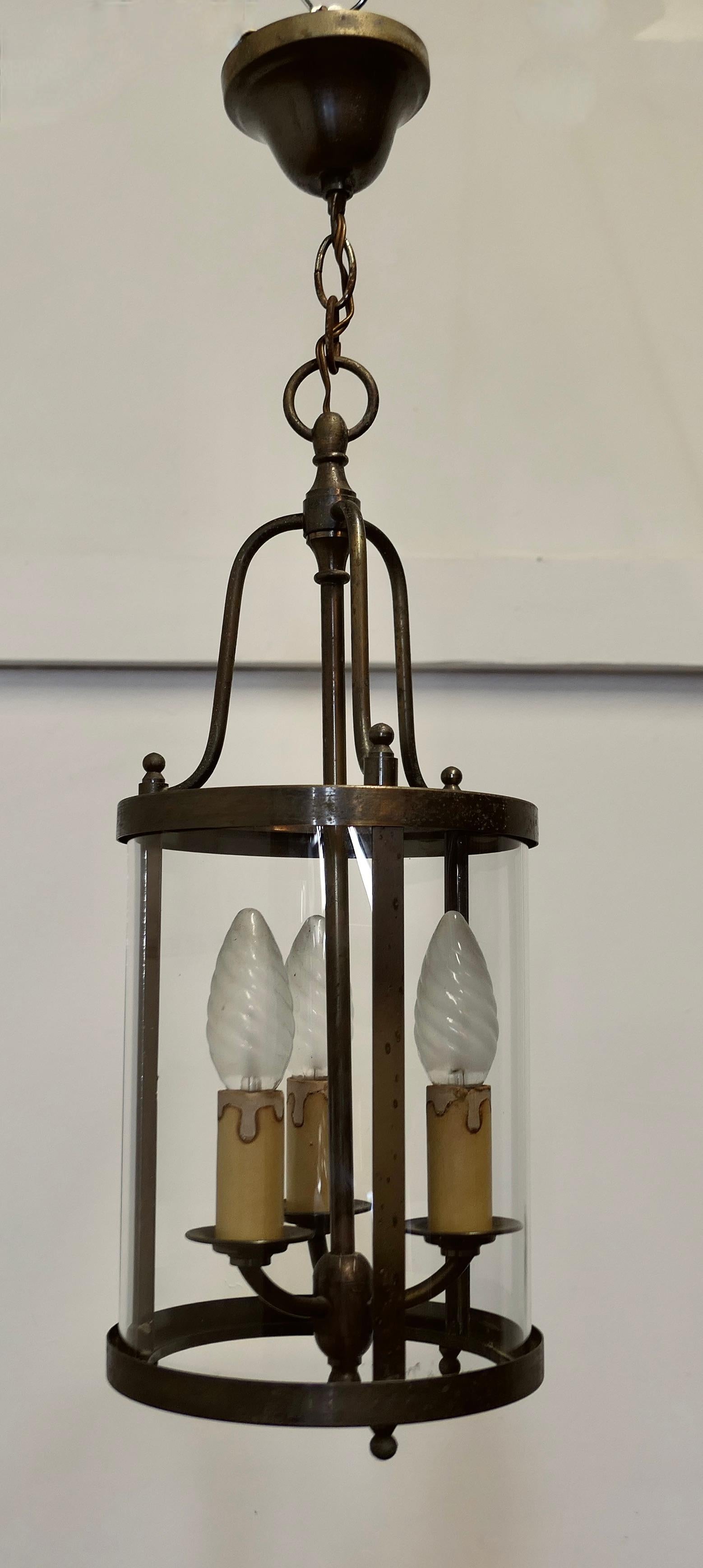 French Art Deco Brass and Glass Lantern Hall Light For Sale 3