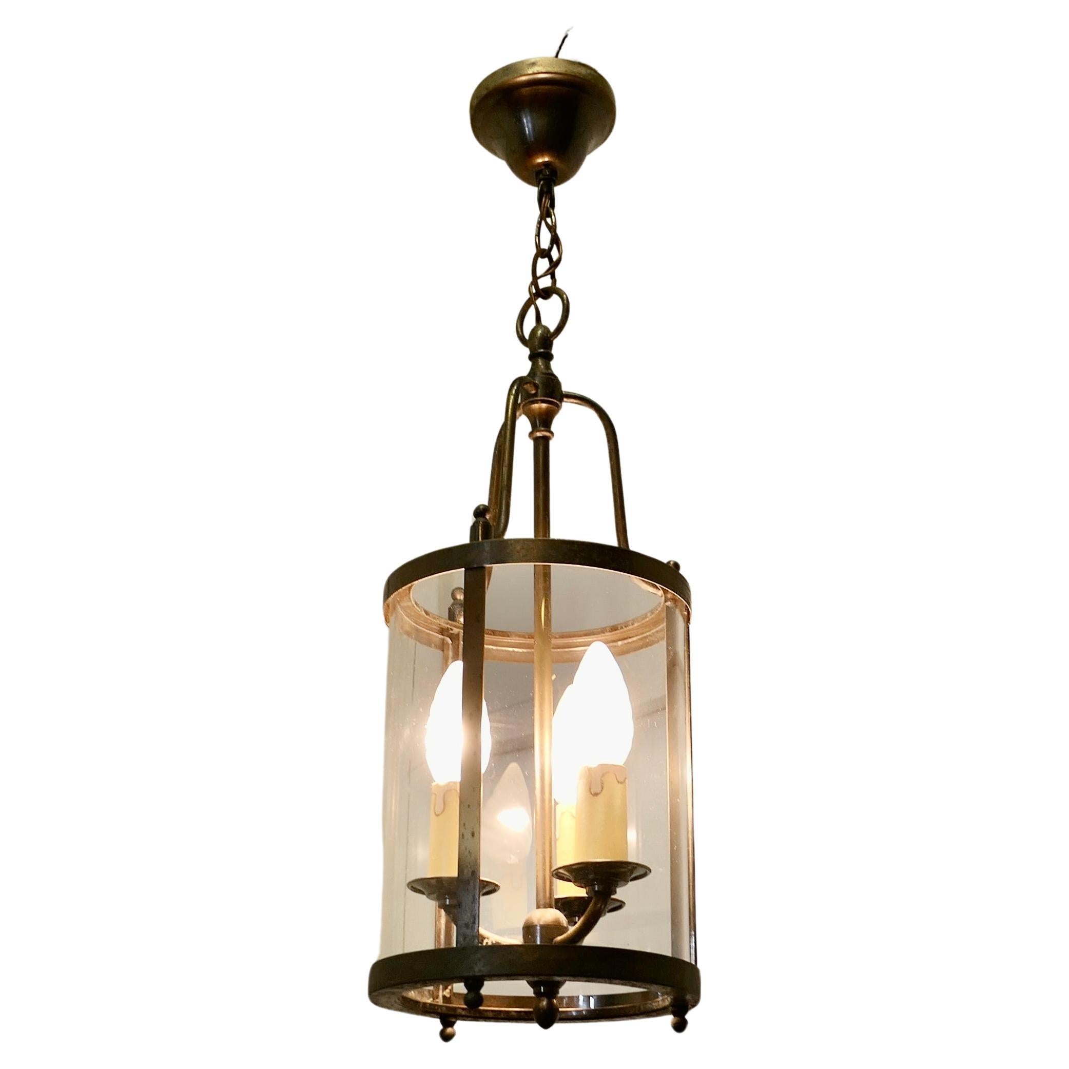 French Art Deco Brass and Glass Lantern Hall Light For Sale