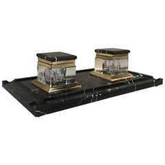 French Art Deco Brass and Marble Inkwell
