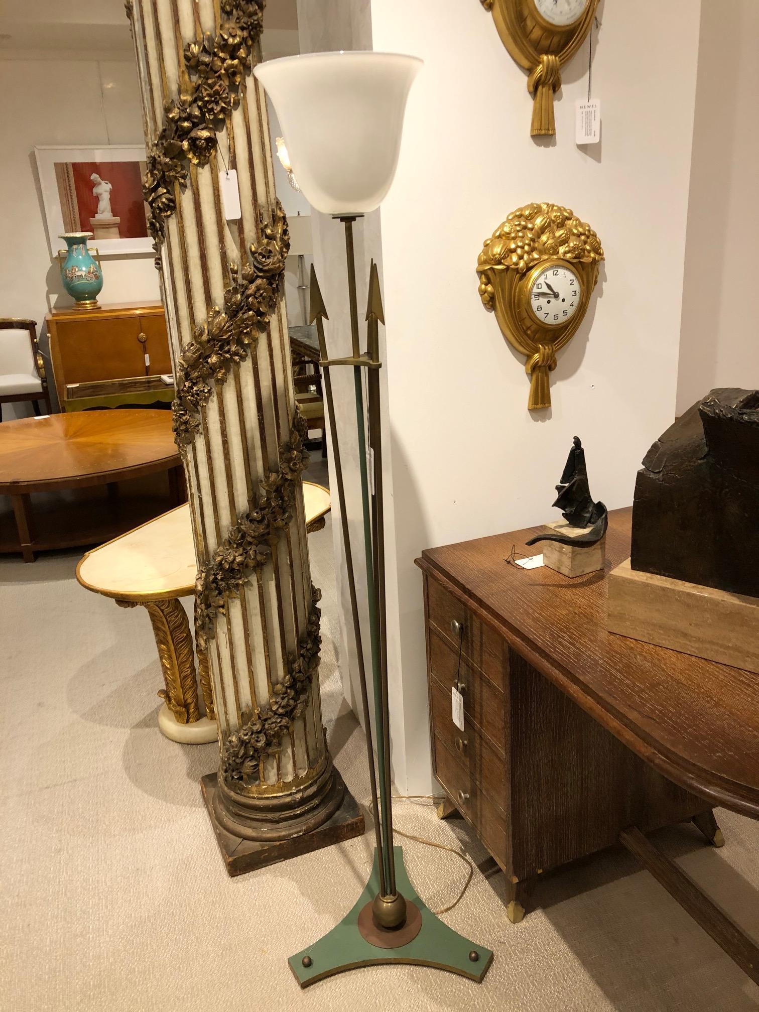 Mid-Century Modern French Art Deco Brass and Turquoise Floor Lamp For Sale
