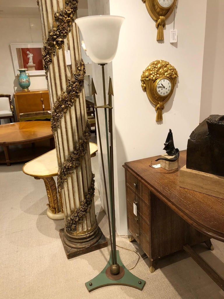 French Art Deco Brass and Turquoise Floor Lamp For Sale at 1stDibs