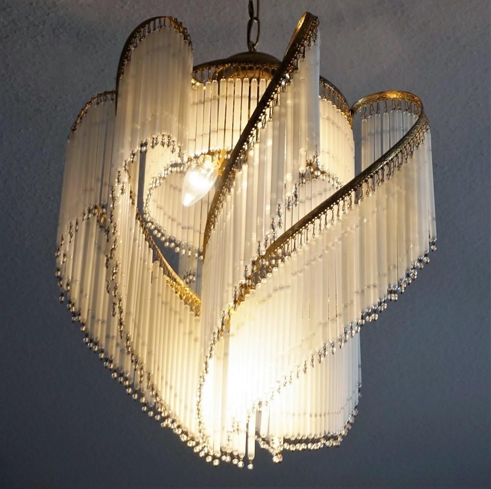 French Art Deco Brass Cascading Etched Glass Rod Four-Light Chandelier 6