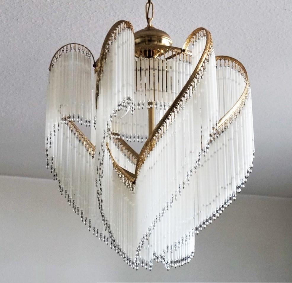 20th Century French Art Deco Brass Cascading Etched Glass Rod Four-Light Chandelier