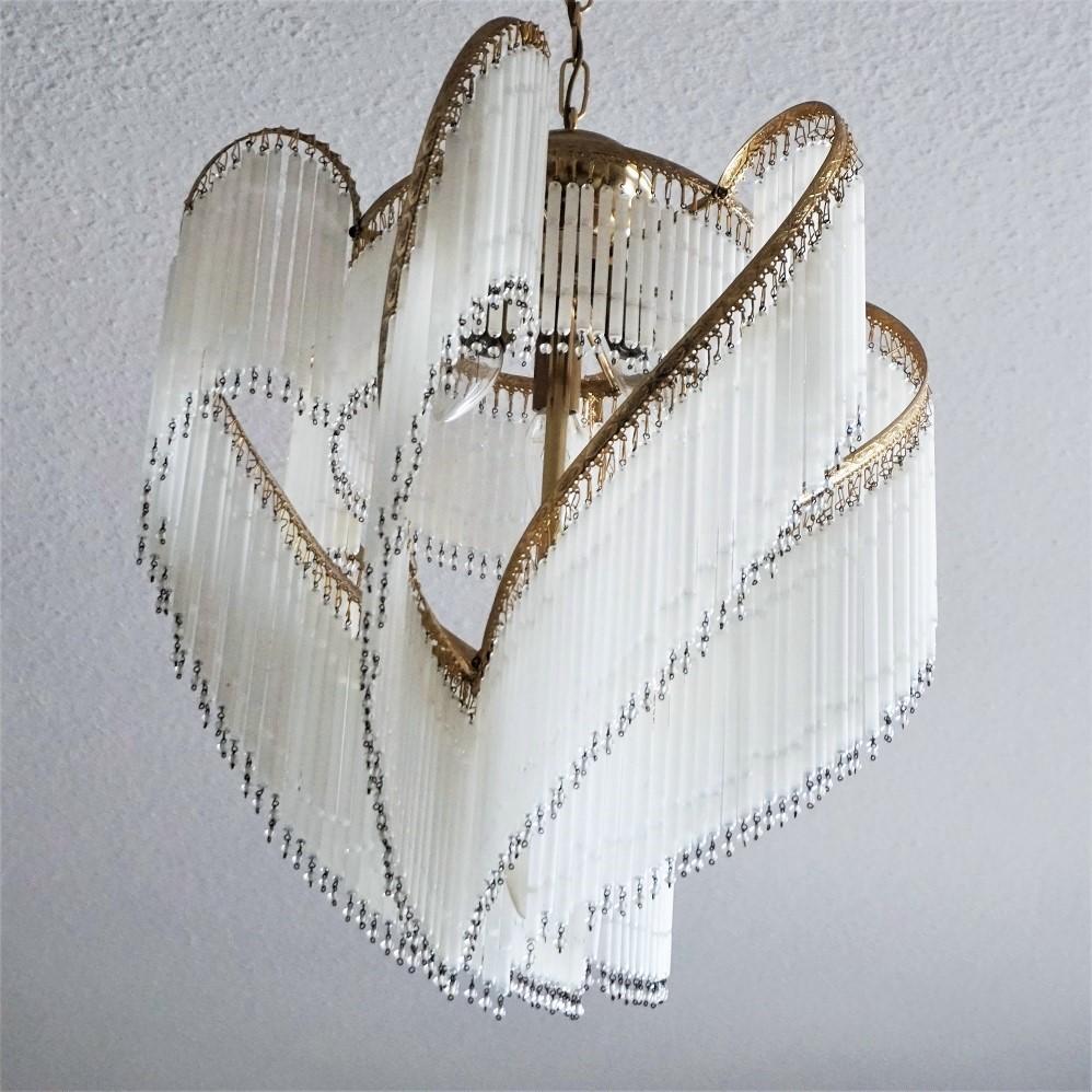 French Art Deco Brass Cascading Etched Glass Rod Four-Light Chandelier 1