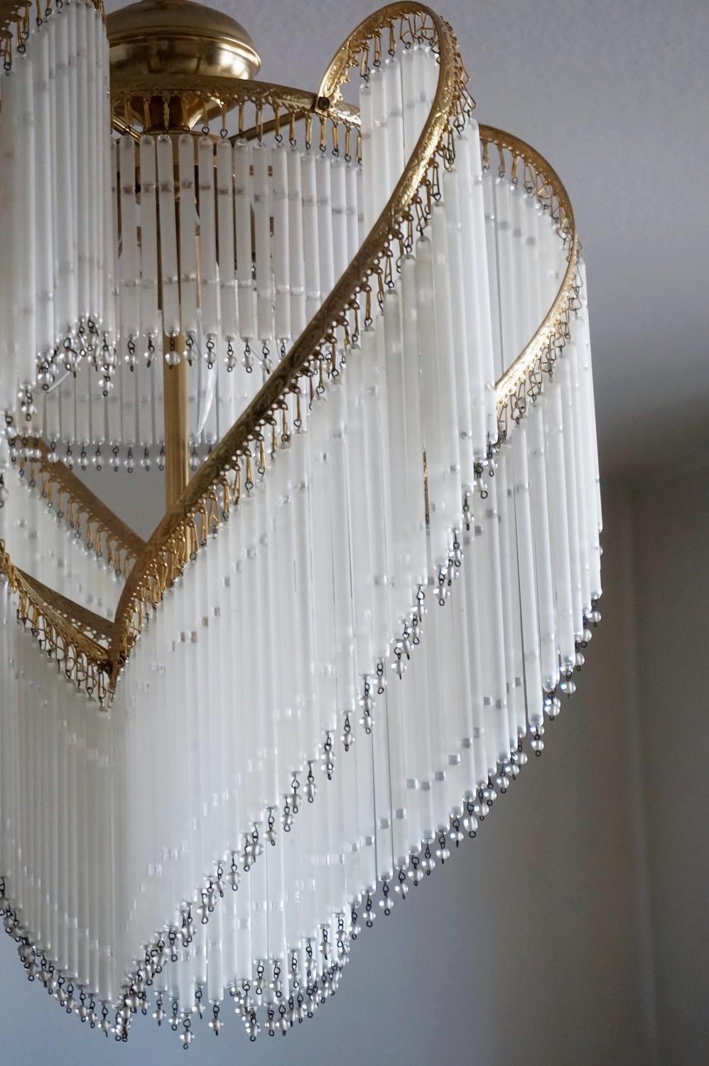 French Art Deco Brass Cascading Etched Glass Rod Four-Light Chandelier 2