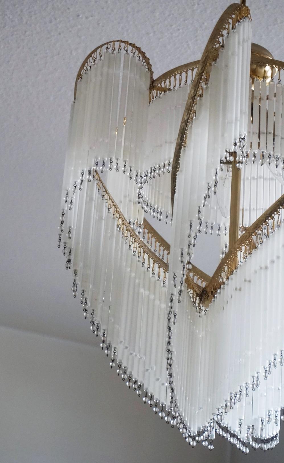 French Art Deco Brass Cascading Etched Glass Rod Four-Light Chandelier 3