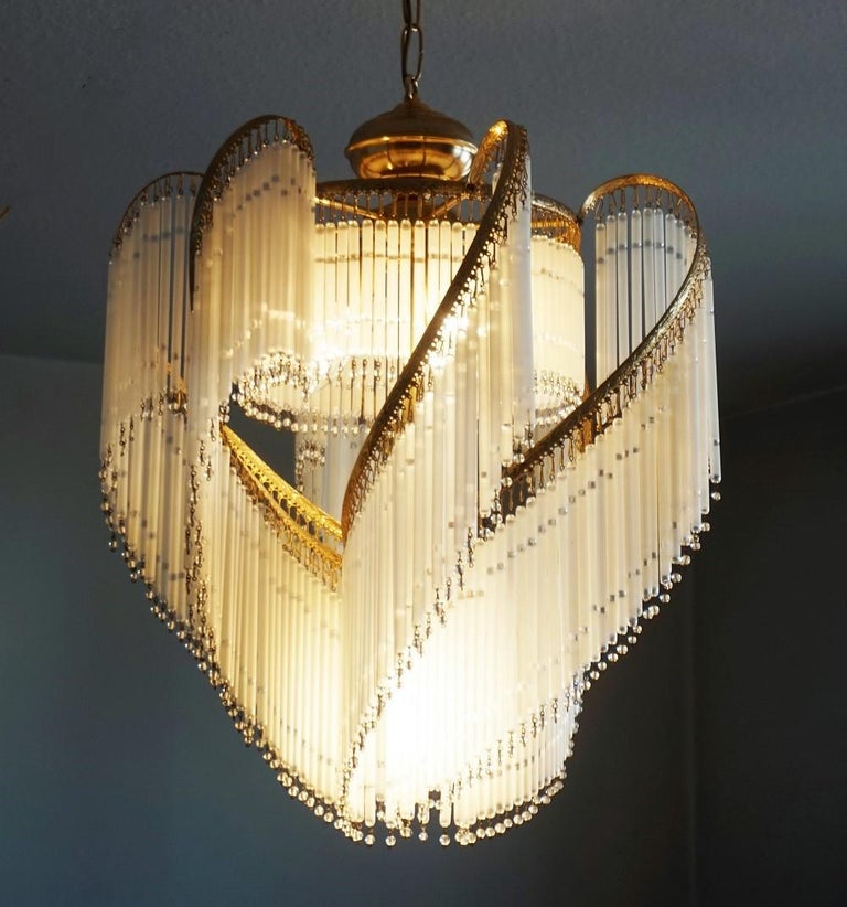 French Art Deco Brass Cascading Etched Glass Rod FourLight Chandelier