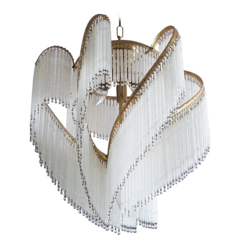 French Art Deco Brass Cascading Etched Glass Rod FourLight Chandelier