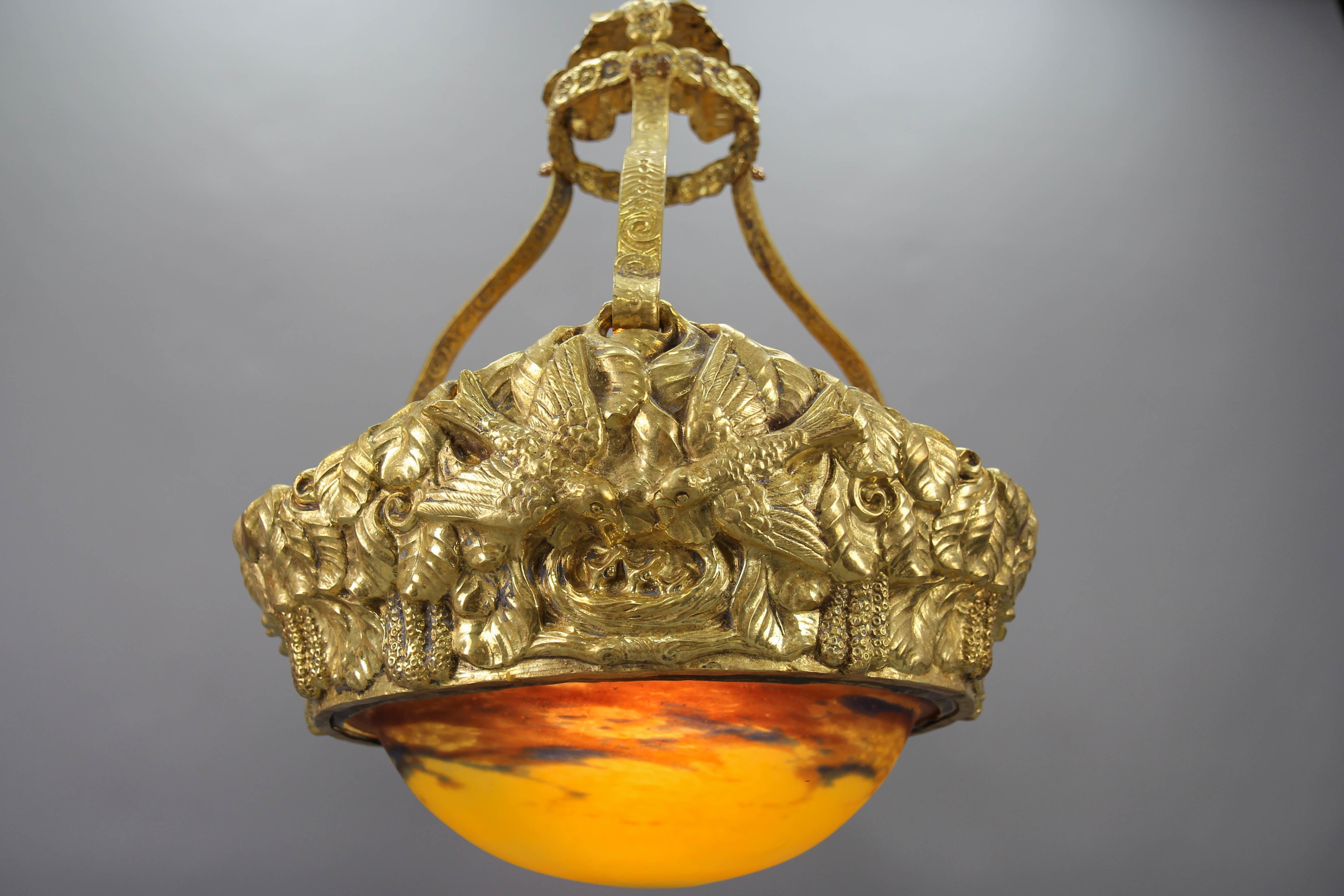 French Art Deco Brass Chandelier with Yellow Pâte de Verre Glass by Degué For Sale 10