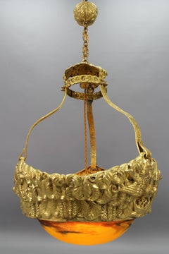 French Art Deco Brass Chandelier with Yellow Pâte de Verre Glass by Degué