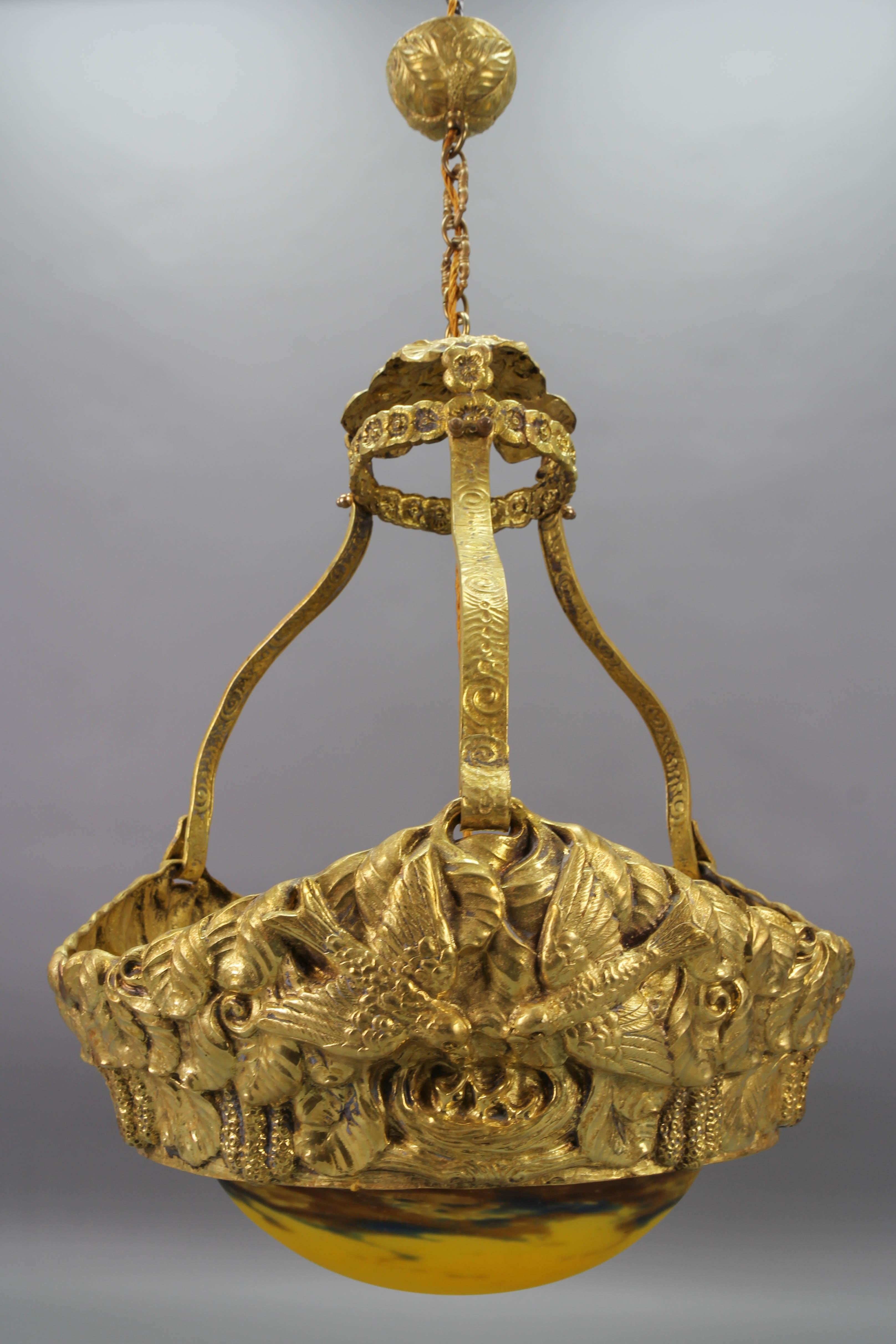 Mid-20th Century French Art Deco Brass Chandelier with Yellow Pâte de Verre Glass by Degué For Sale