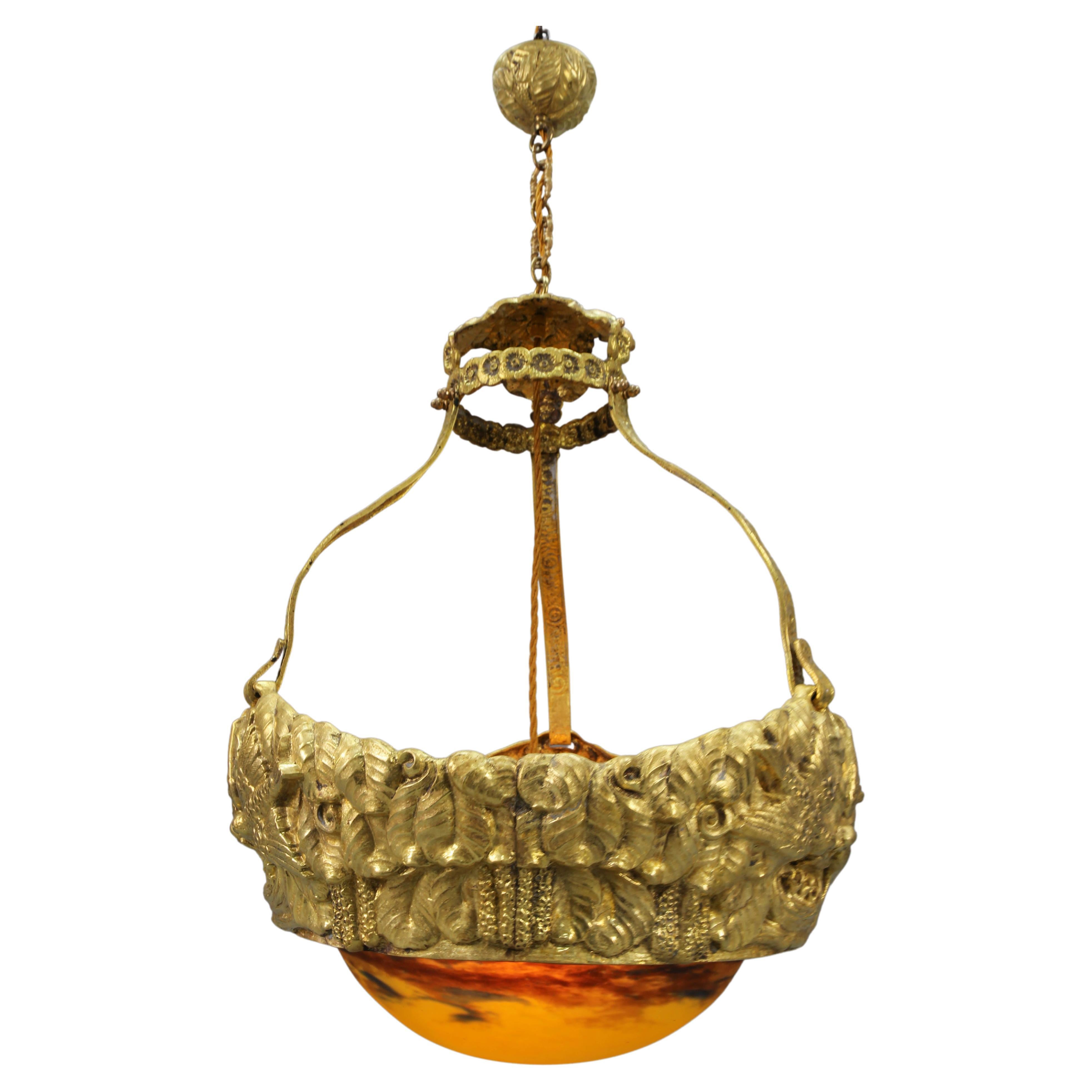 French Art Deco Brass Chandelier with Yellow Pâte de Verre Glass by Degué For Sale