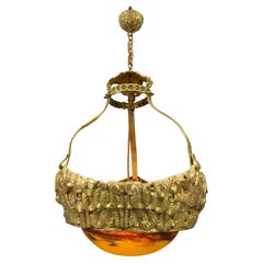 Vintage French Art Deco Brass Chandelier with Yellow Pâte de Verre Glass by Degué