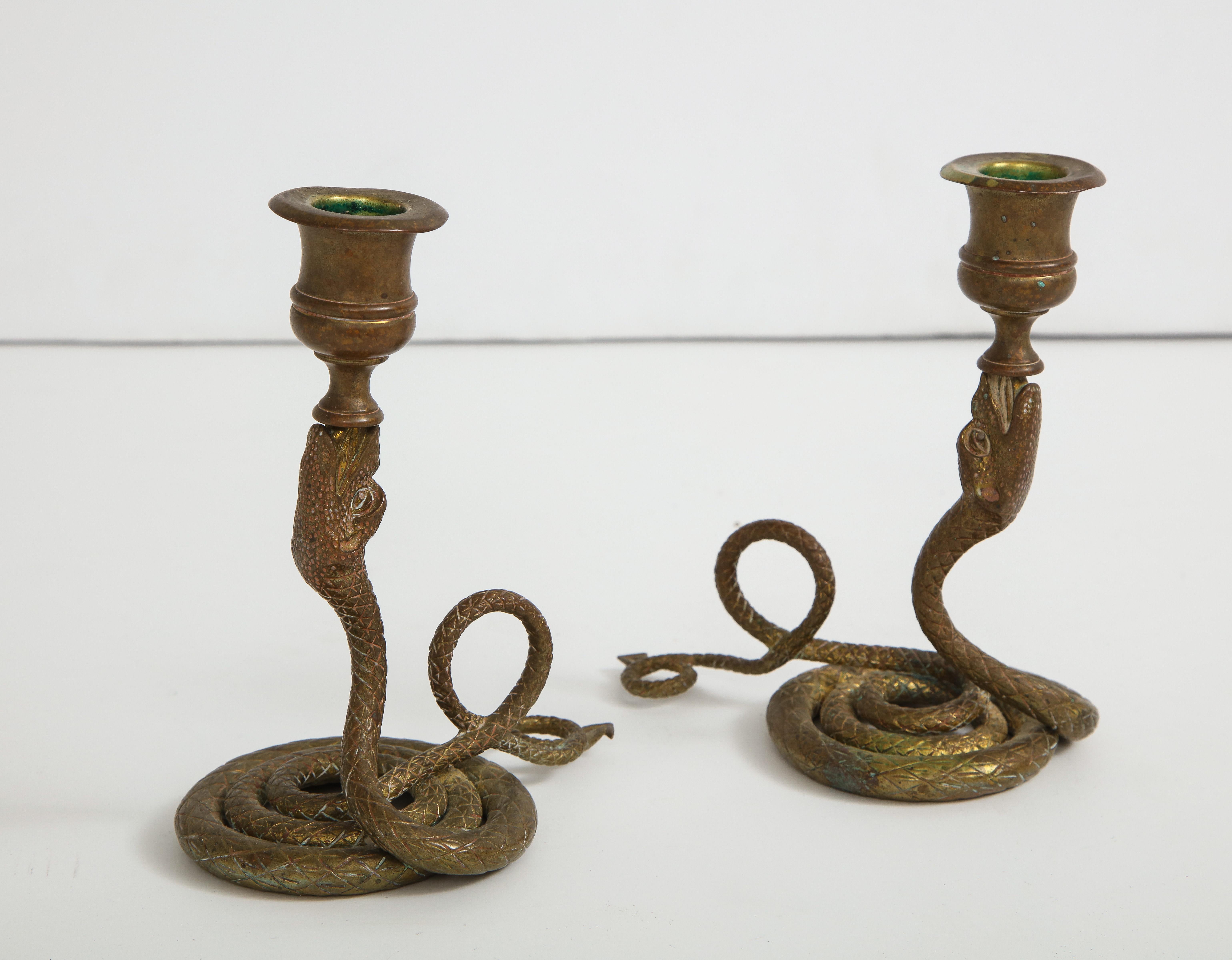 French Art Deco Brass Cobra Candlesticks In Good Condition In New York, NY