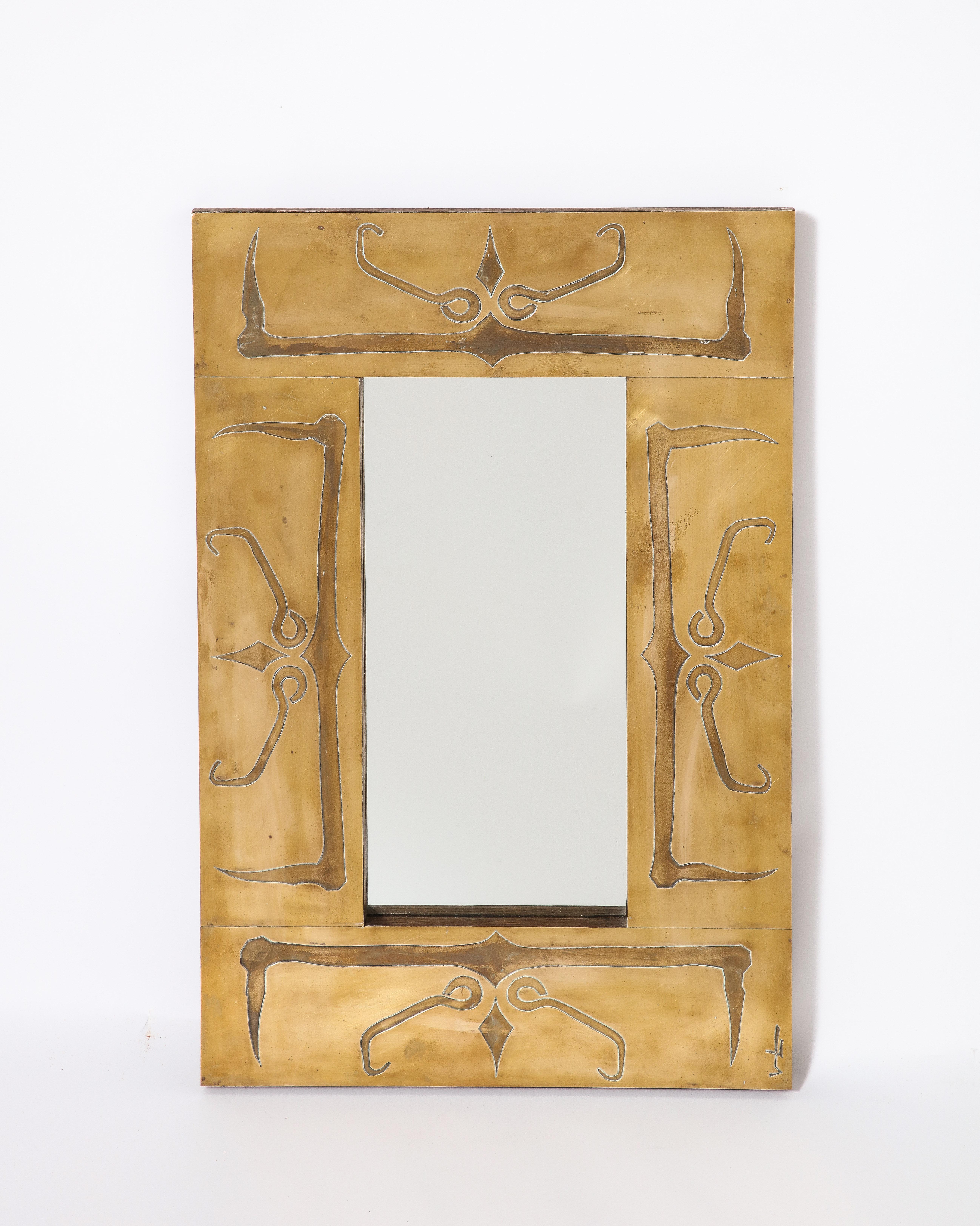 Miroir en laiton gravé Art Deco français,  Paris, vers 1940 en vente 2