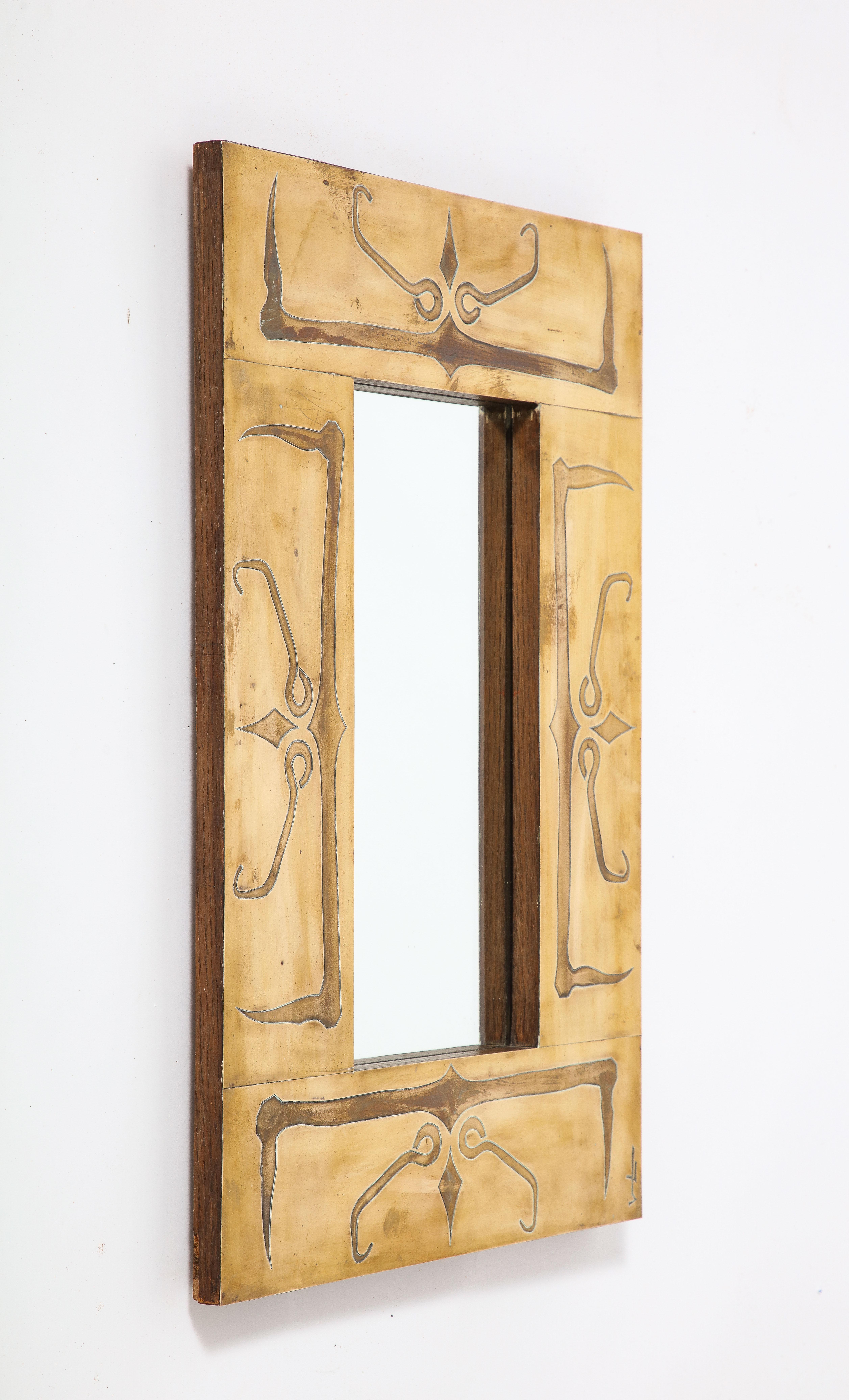 French Art Deco Brass Engraved Mirror,  Paris, circa 1940 In Good Condition For Sale In New York, NY