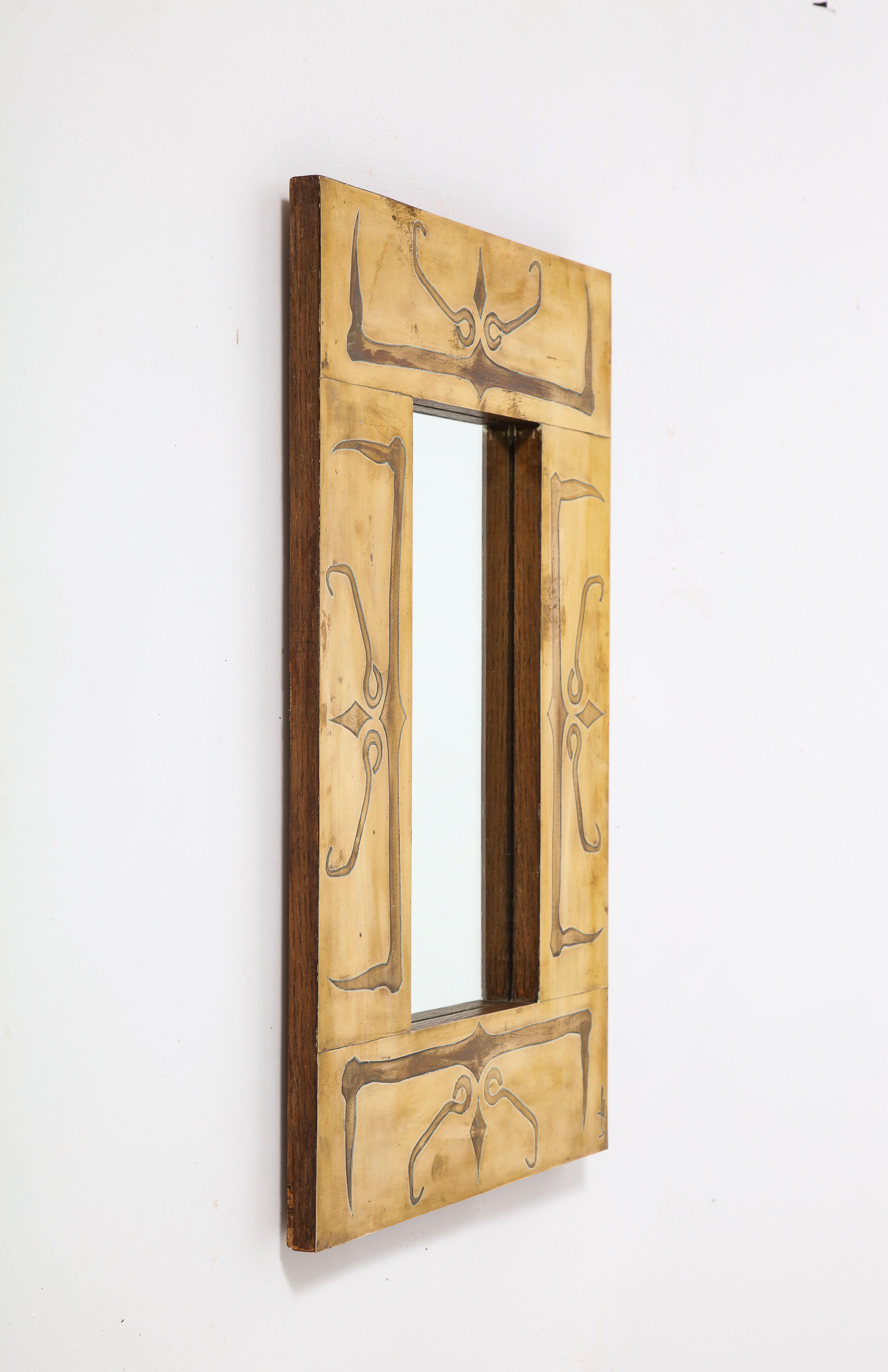 Mid-20th Century French Art Deco Brass Engraved Mirror,  Paris, circa 1940 For Sale
