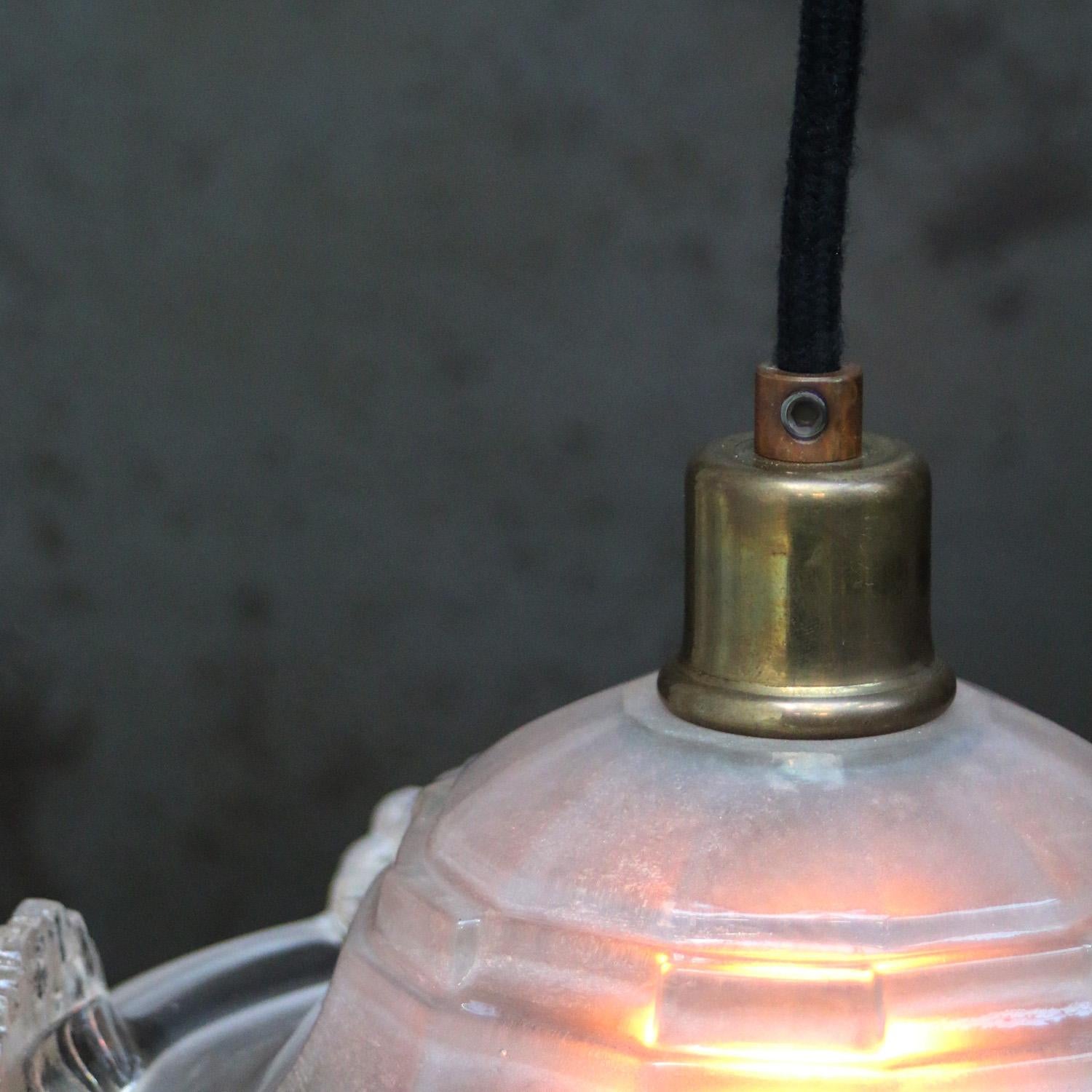 20th Century French Art Deco Brass Etched Glass Pendant Light 1920s For Sale