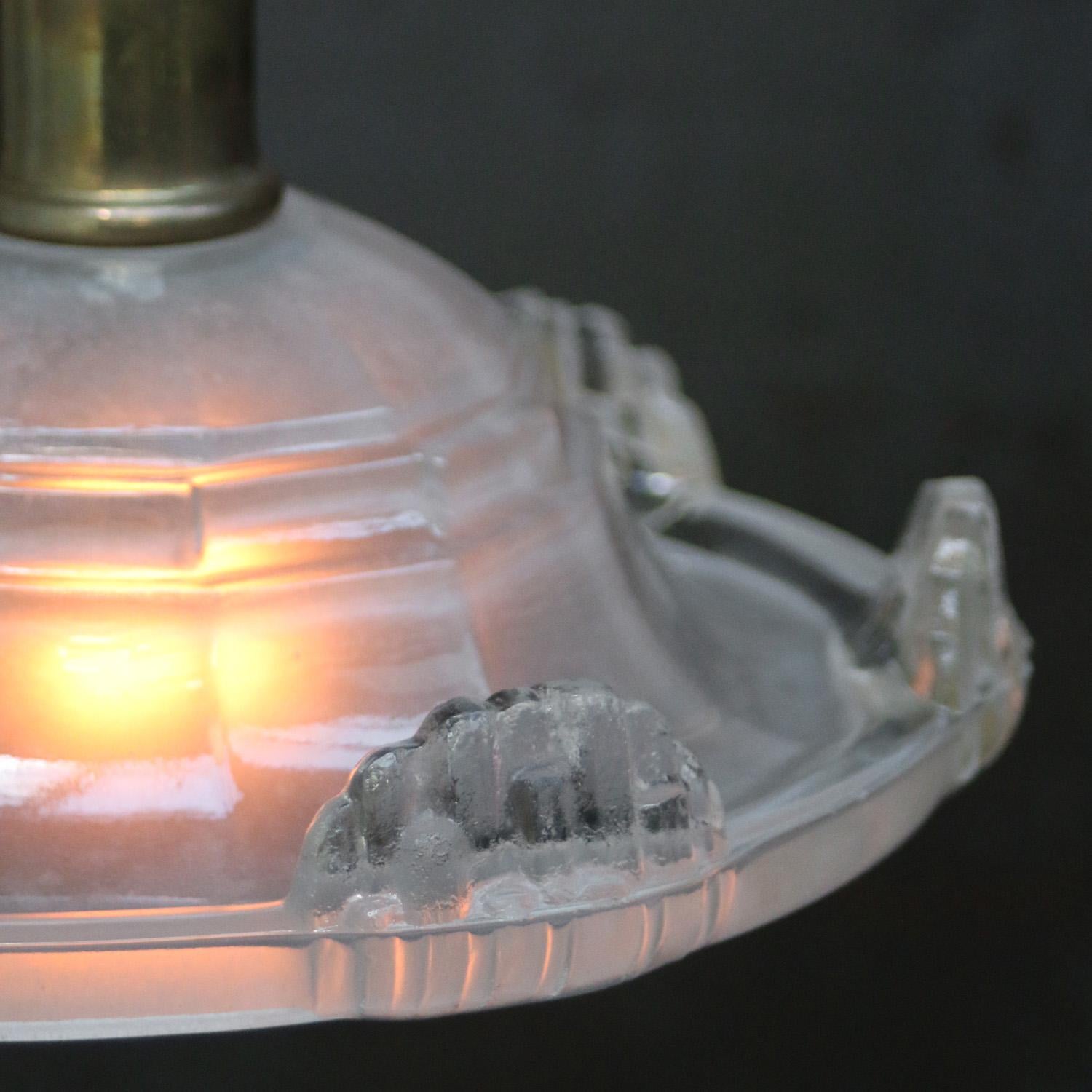 French Art Deco Brass Etched Glass Pendant Light 1920s For Sale 2
