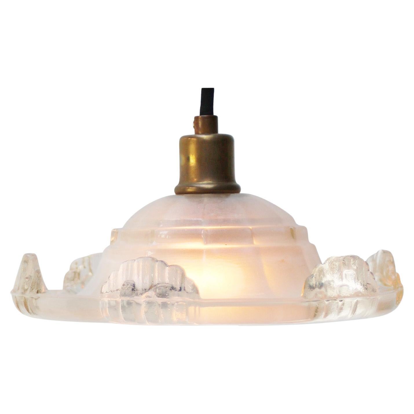 French Art Deco Brass Etched Glass Pendant Light 1920s