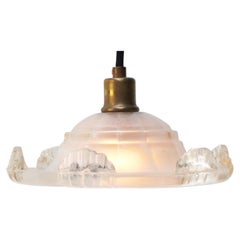 French Art Deco Brass Etched Glass Pendant Light 1920s