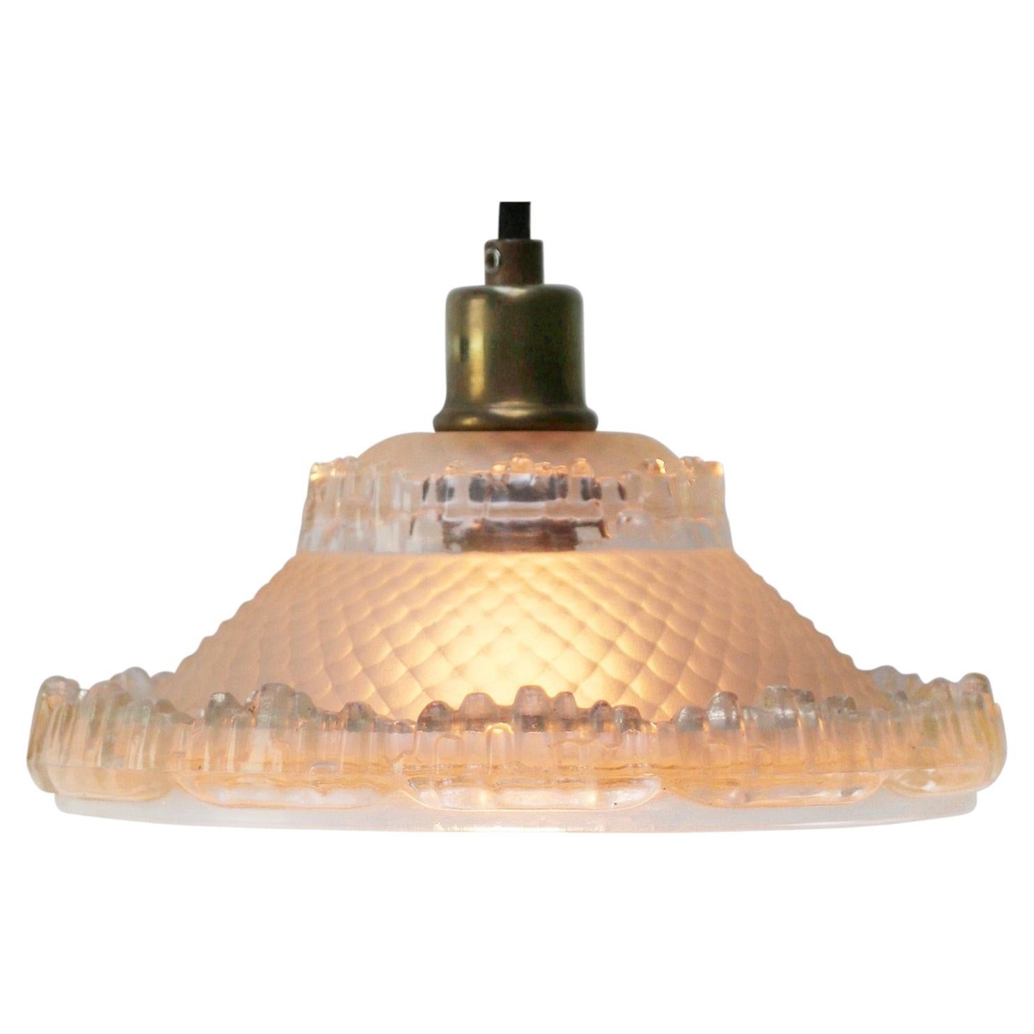 French Art Deco Brass Etched Glass Pendant Light 1920s