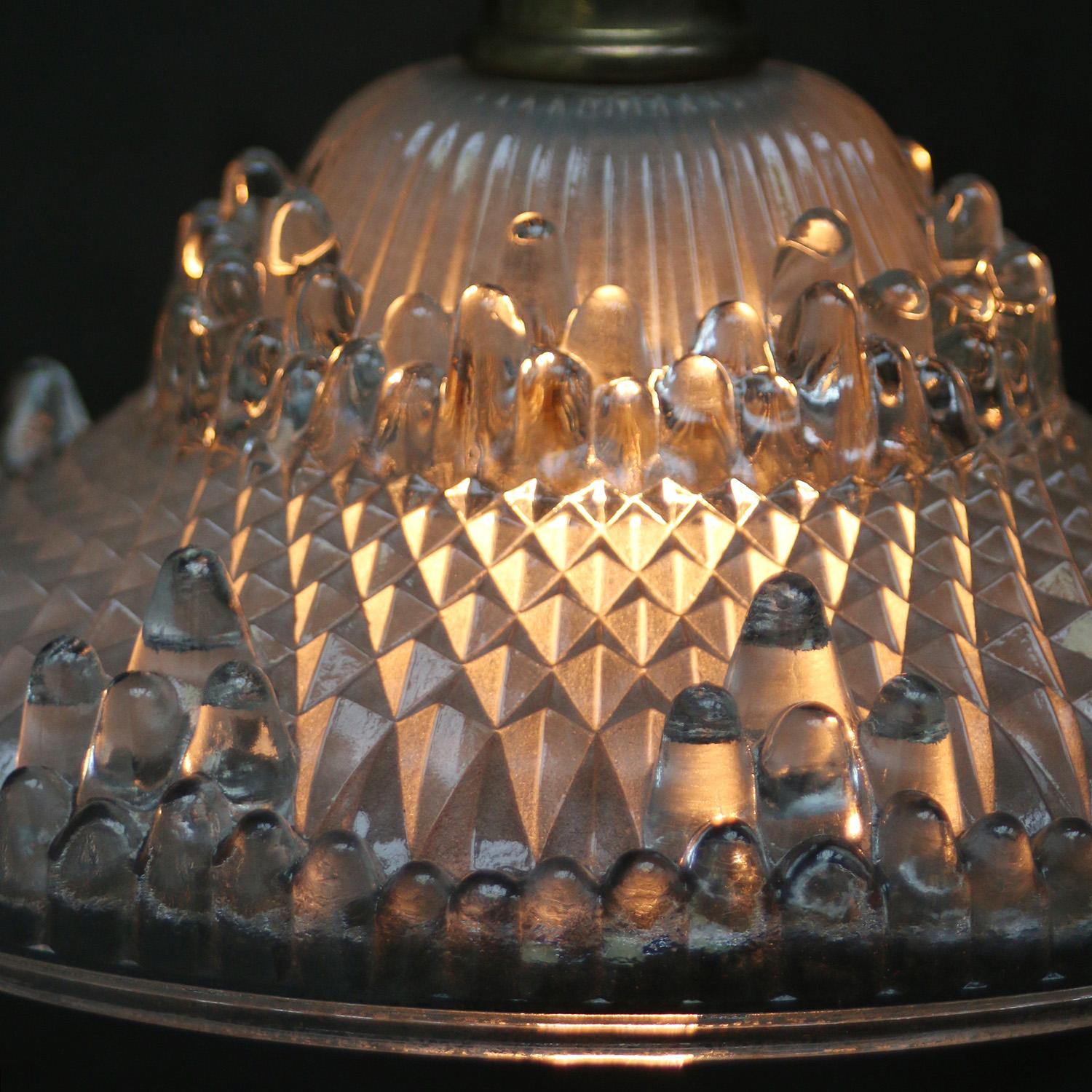 20th Century French Art Deco Brass Etched Glass Pendant Lights 1920s For Sale