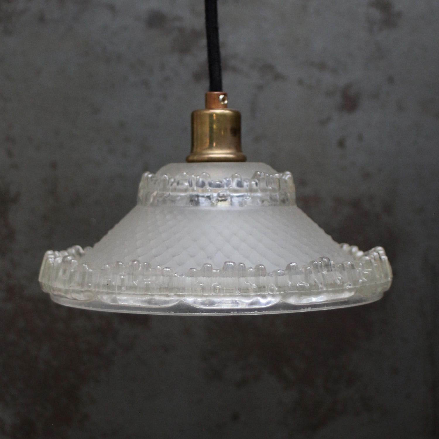 20th Century French Art Deco Brass Etched Glass Pendant Lights 1920s For Sale