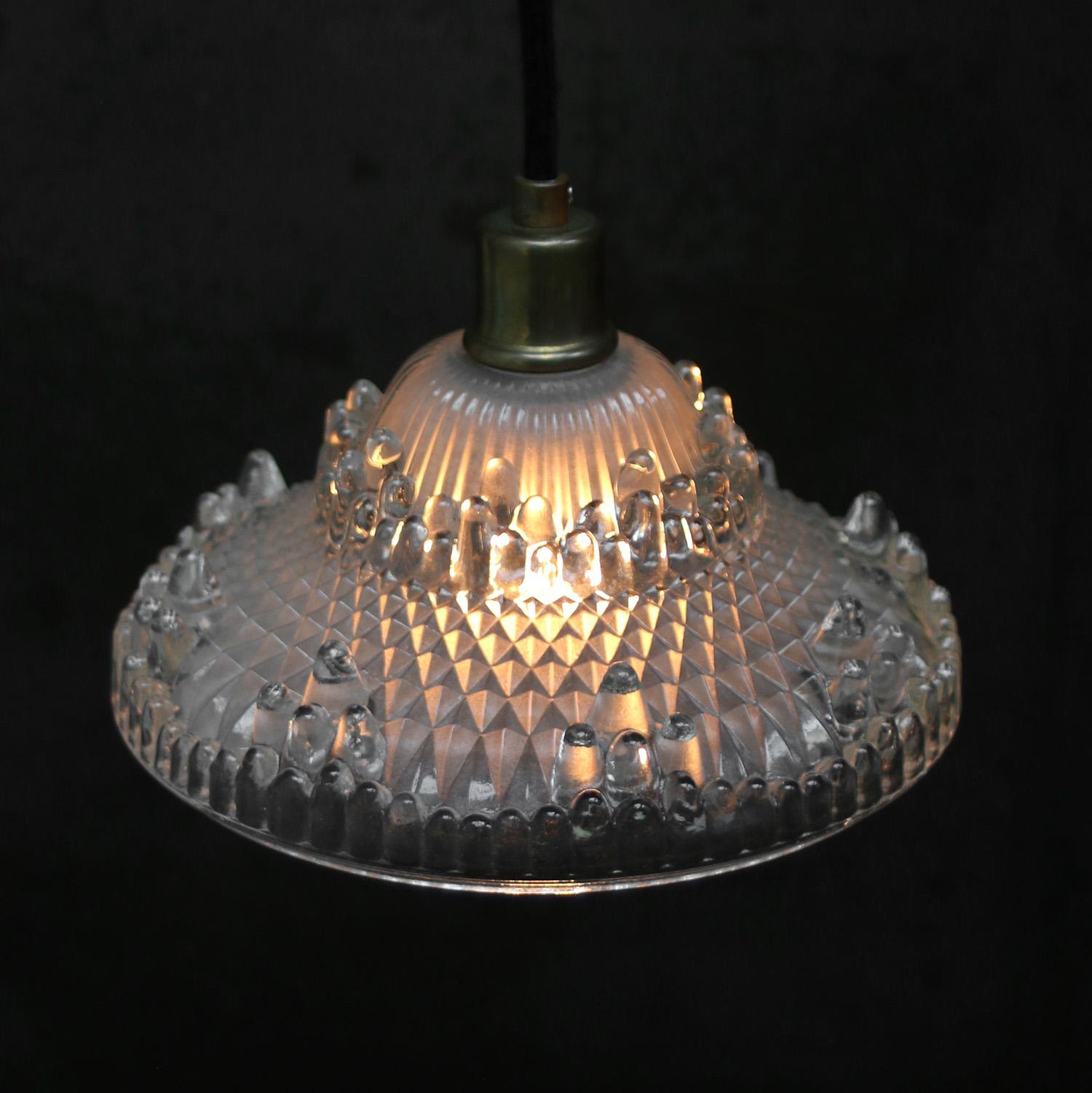 French Art Deco Brass Etched Glass Pendant Lights 1920s For Sale 2