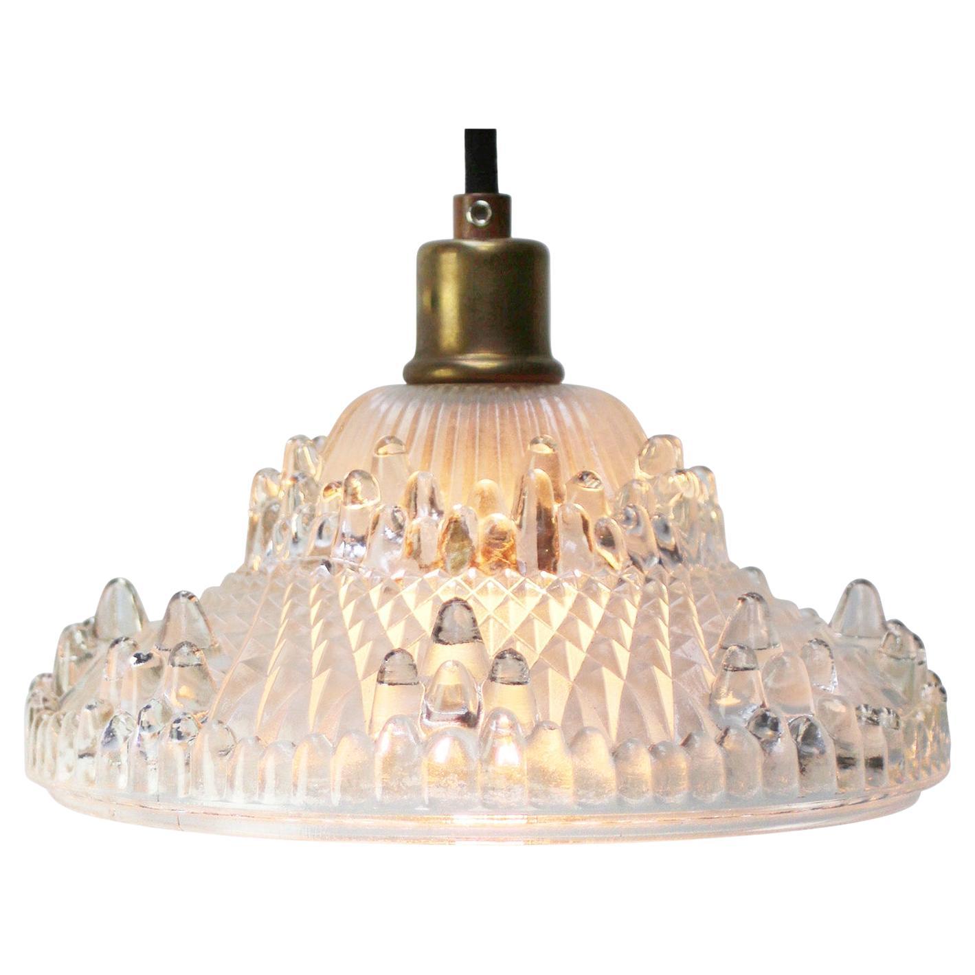 French Art Deco Brass Etched Glass Pendant Lights 1920s For Sale