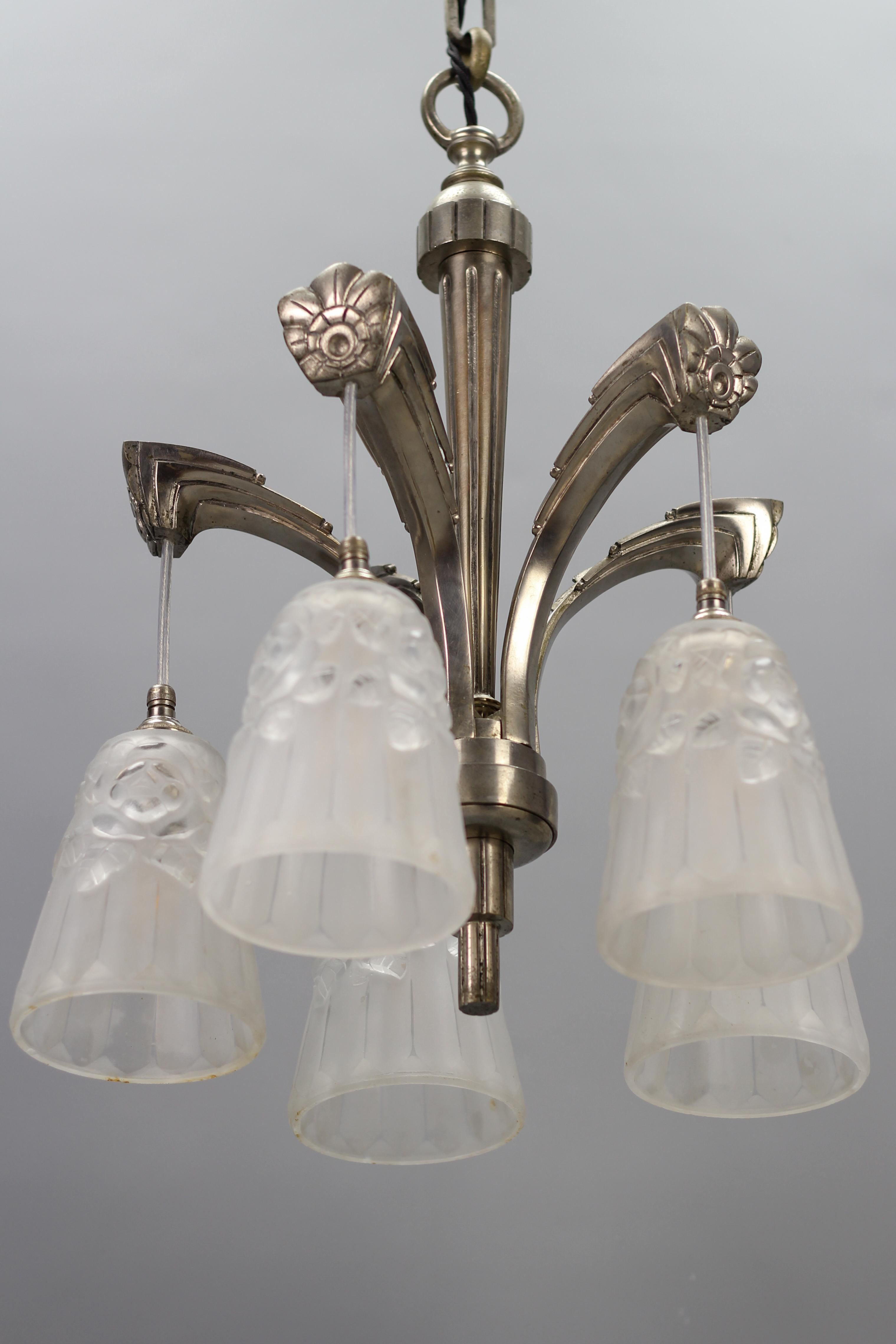 French Art Deco Brass Five-Light Chandelier with White Glass by Degué, 1930s For Sale 5