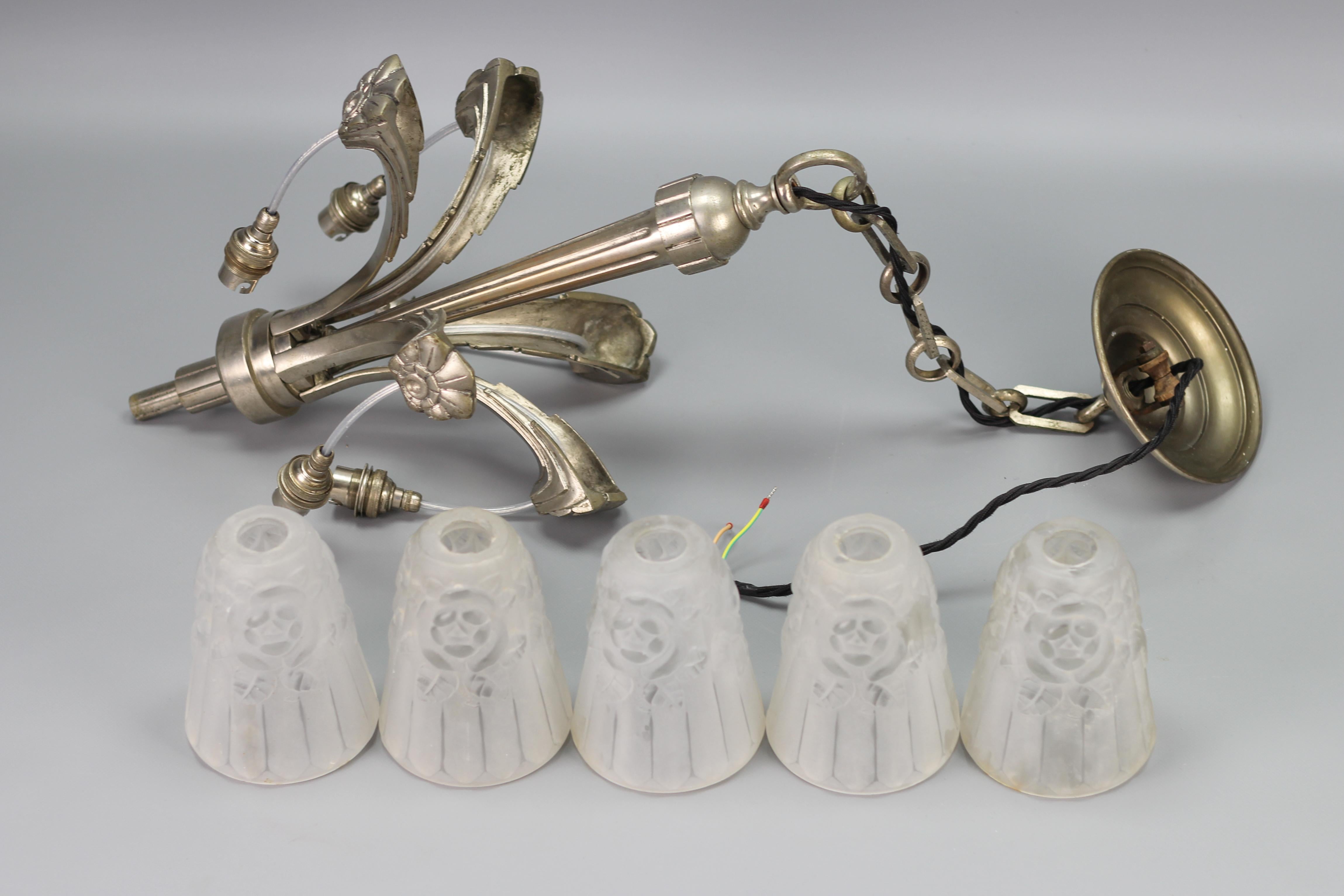 French Art Deco Brass Five-Light Chandelier with White Glass by Degué, 1930s For Sale 9