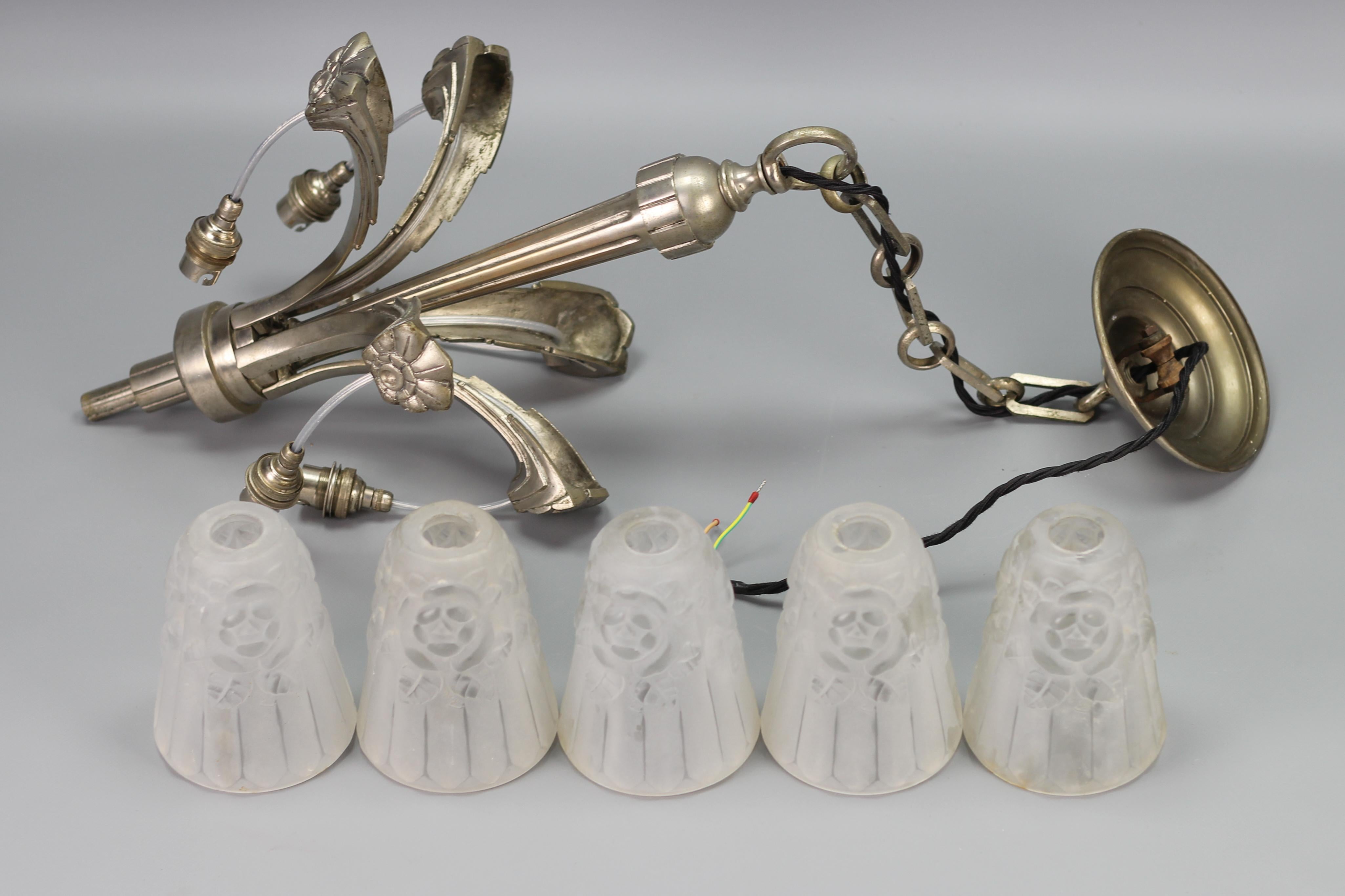 French Art Deco Brass Five-Light Chandelier with White Glass by Degué, 1930s For Sale 10