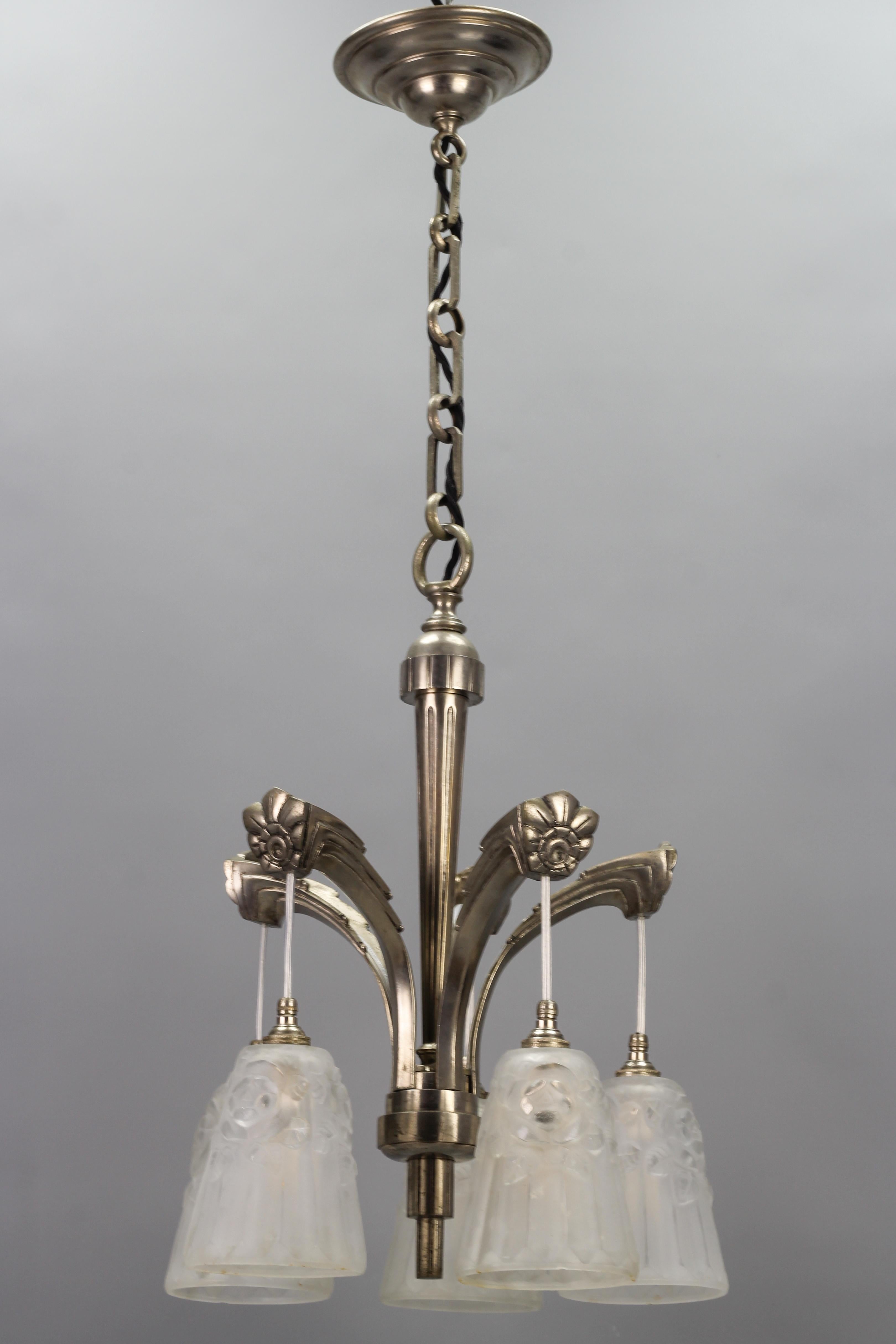 French Art Deco Brass Five-Light Chandelier with White Glass by Degué, 1930s For Sale 14