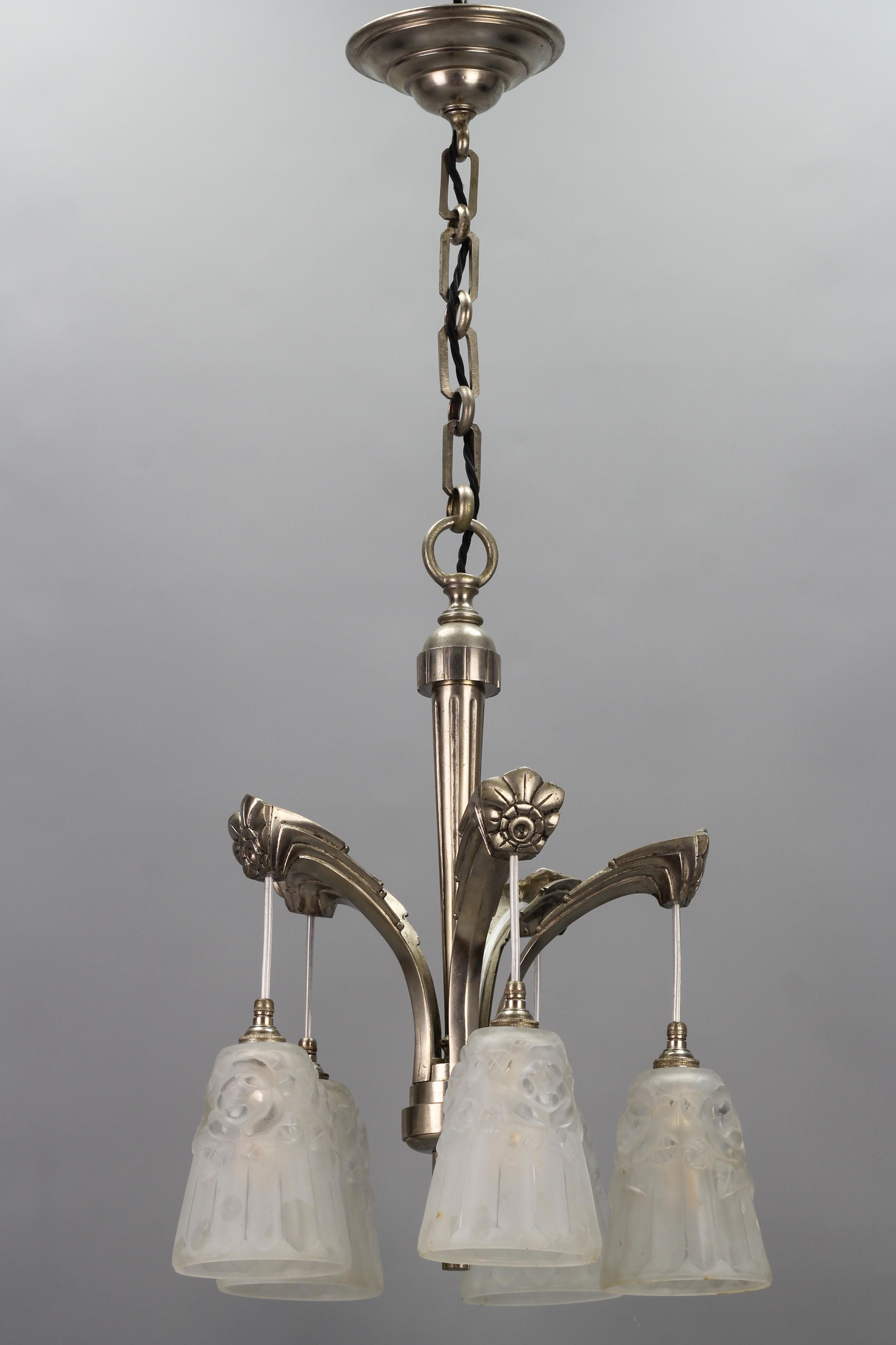 Frosted French Art Deco Brass Five-Light Chandelier with White Glass by Degué, 1930s For Sale