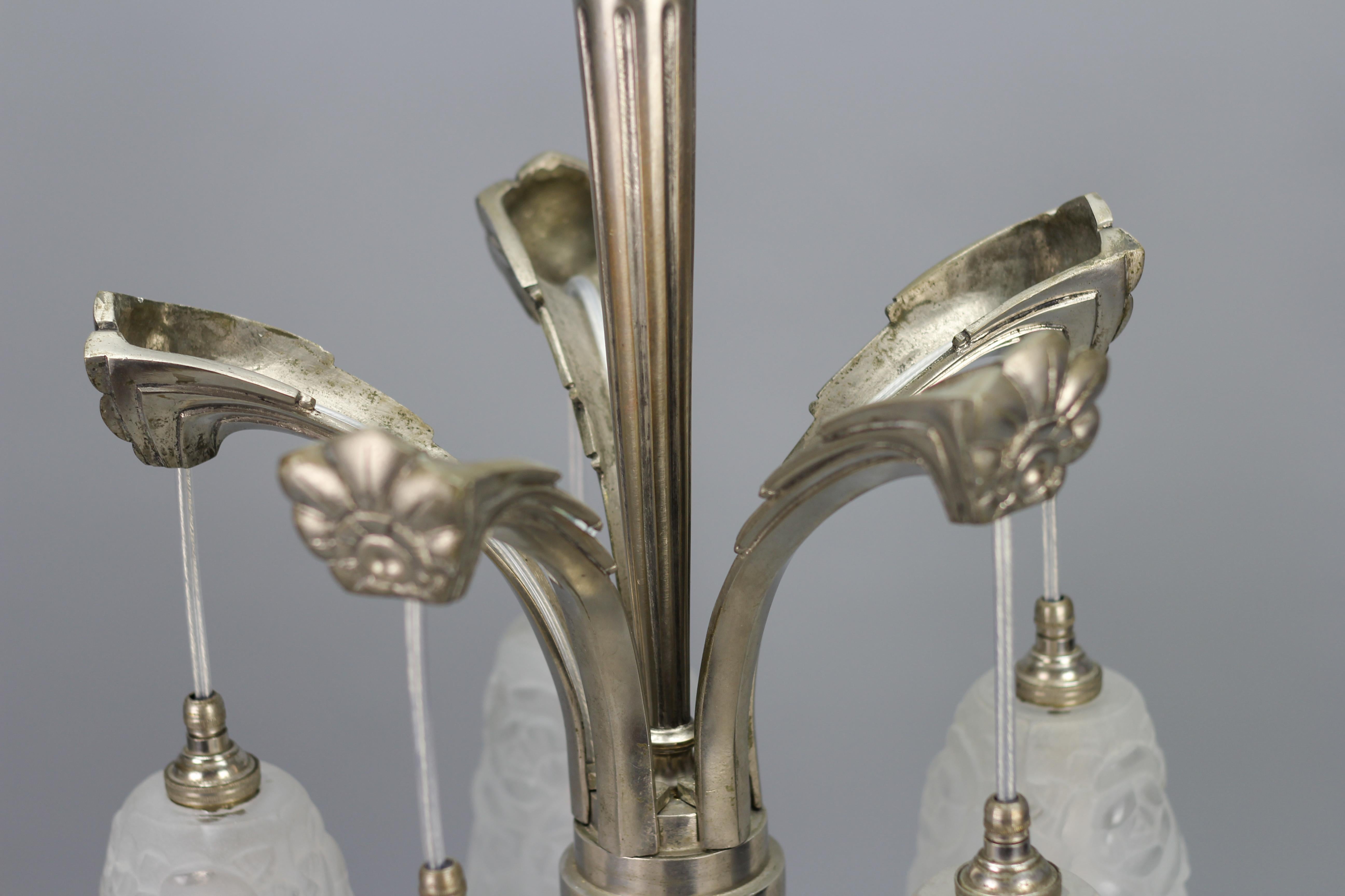 French Art Deco Brass Five-Light Chandelier with White Glass by Degué, 1930s For Sale 3