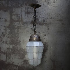 French Art Deco Brass Frosted Cut Glass Pendant Light 1920s