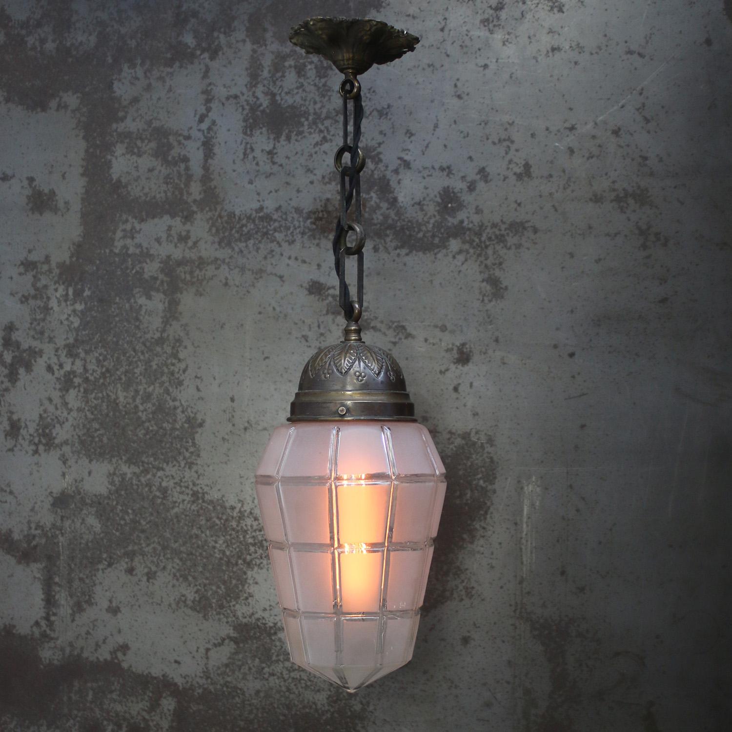 20th Century French Art Deco Brass Frosted Cut Glass Pendant Light 1920s For Sale