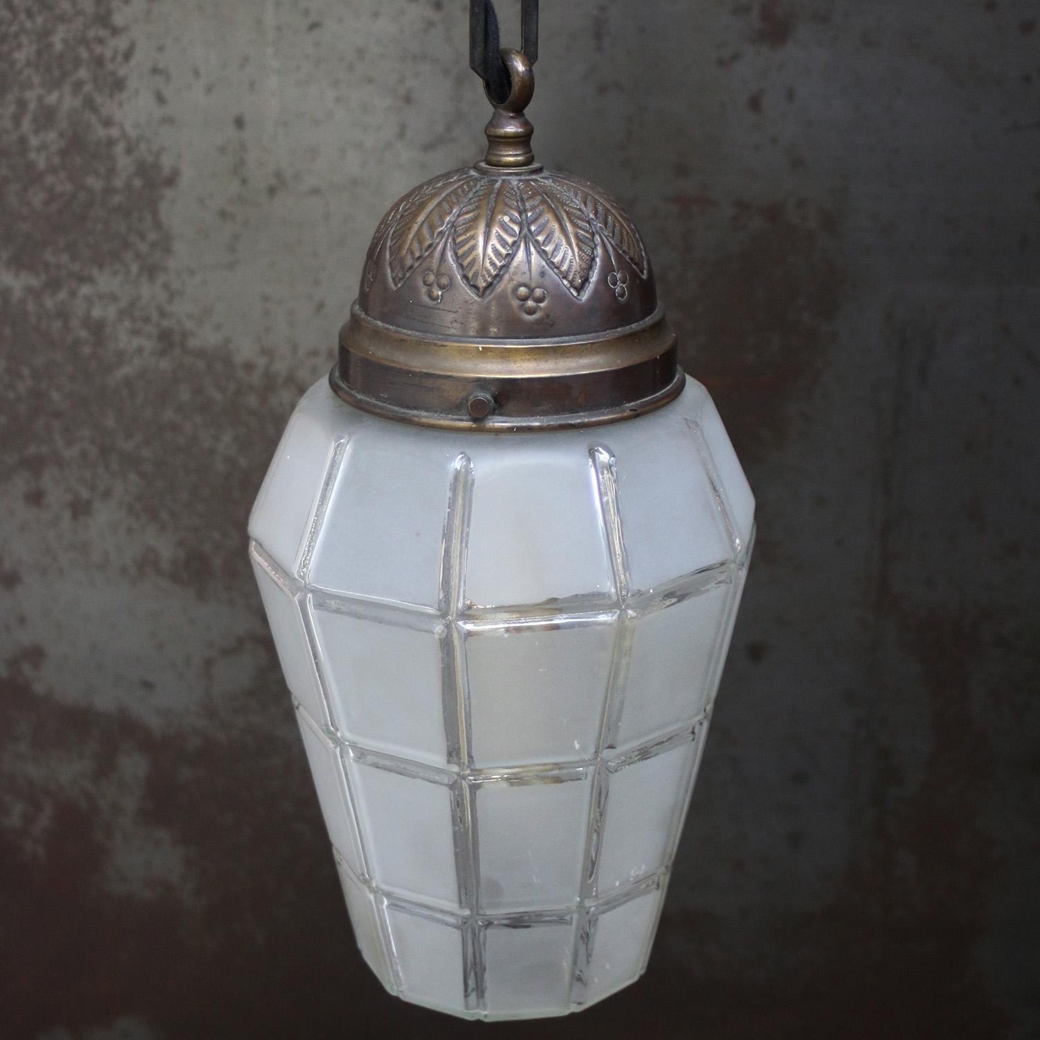 20th Century French Art Deco Brass Frosted Cut Glass Pendant Light 1920s For Sale