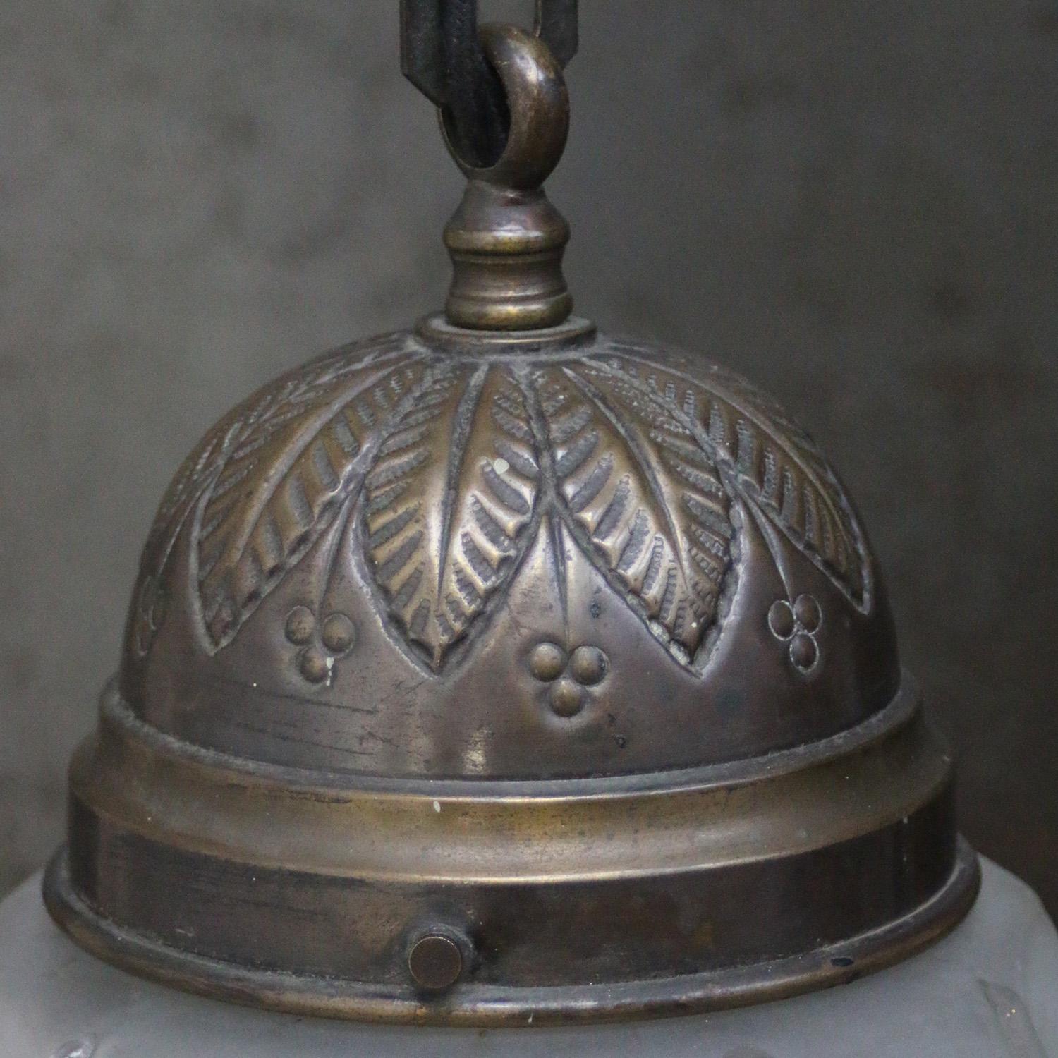 French Art Deco Brass Frosted Cut Glass Pendant Light 1920s For Sale 2