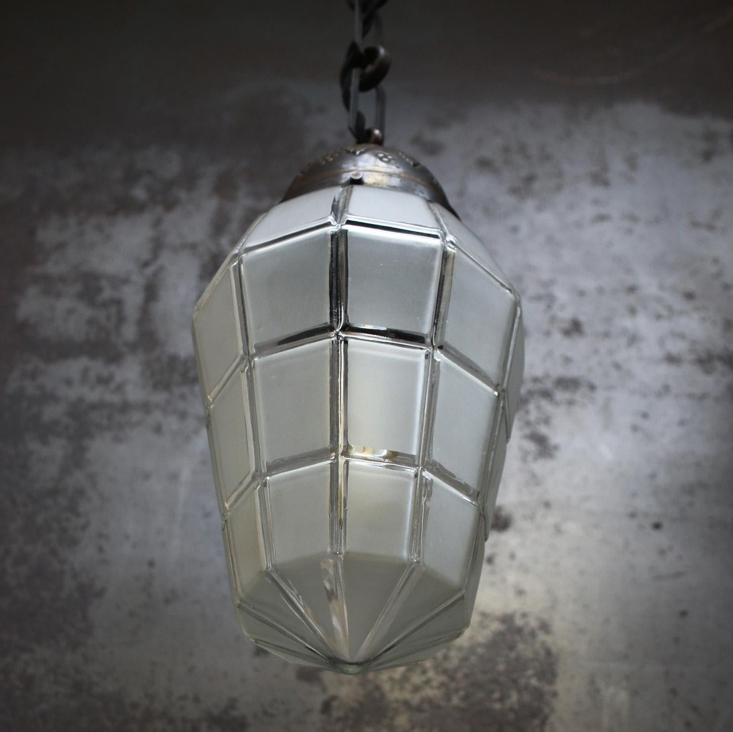 French Art Deco Brass Frosted Cut Glass Pendant Light 1920s For Sale 2