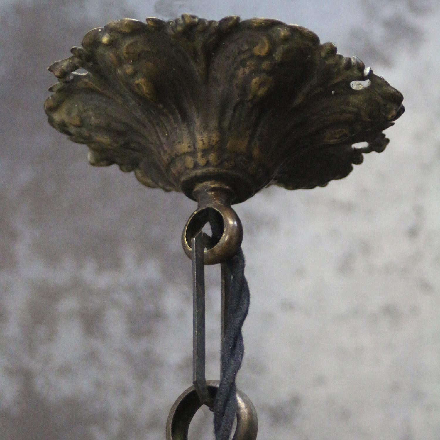 French Art Deco Brass Frosted Cut Glass Pendant Light 1920s For Sale 4