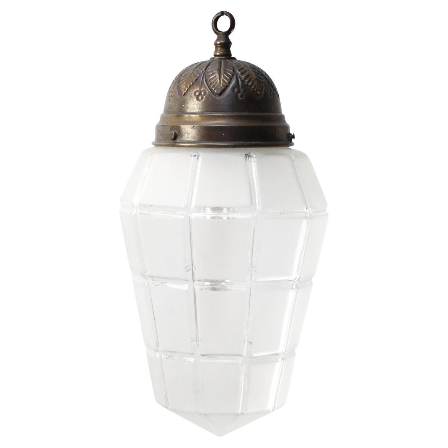French Art Deco Brass Frosted Cut Glass Pendant Light 1920s