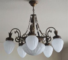 French Art Deco Frosted Glass Brass Six-Light Chandelier