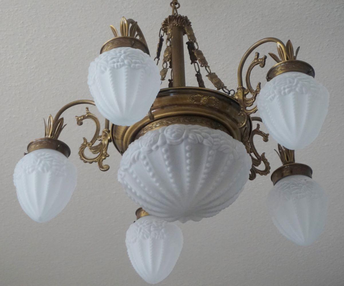 20th Century French Art Deco Frosted Glass Brass Six-Light Chandelier For Sale