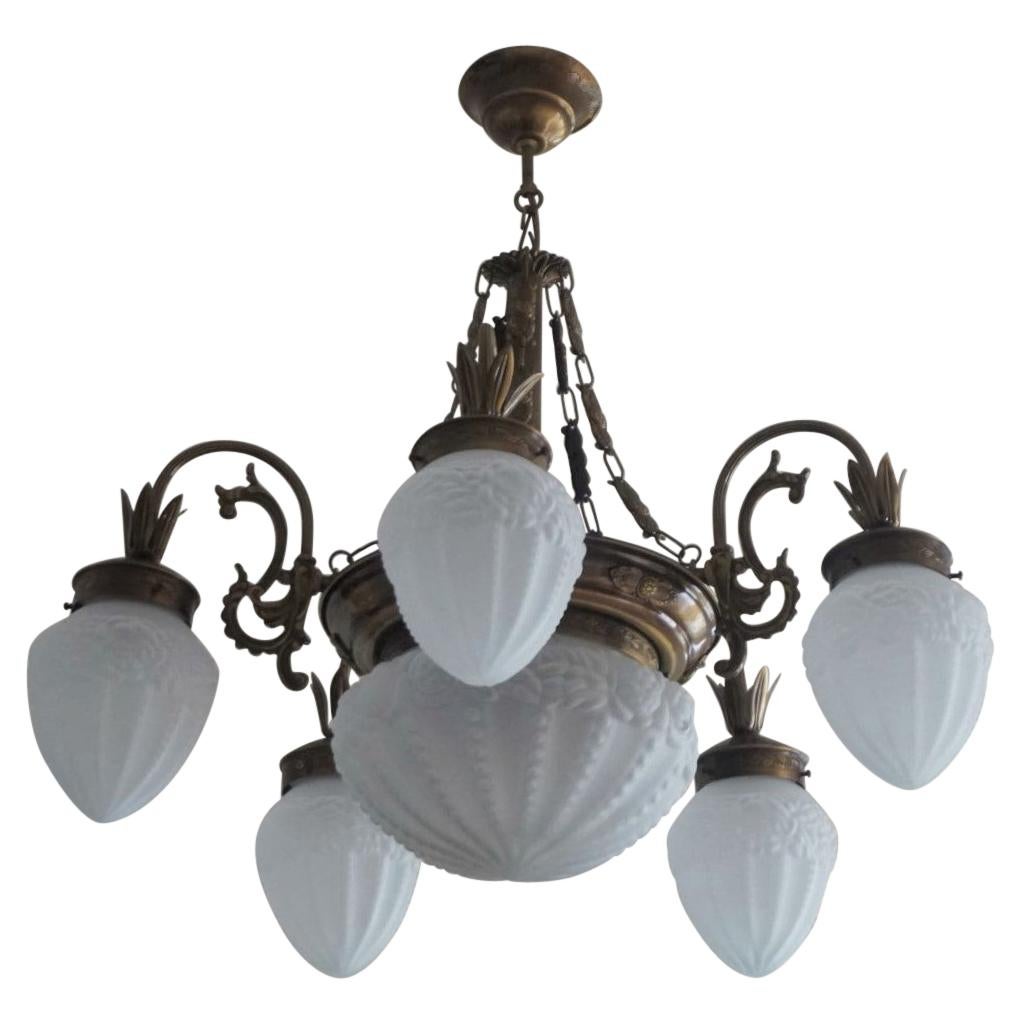 French Art Deco Brass Frosted High Relief Glass Six-Light Chandelier
