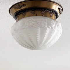 French Art Deco Brass Frosted Glass Flushmount, Ceiling Light